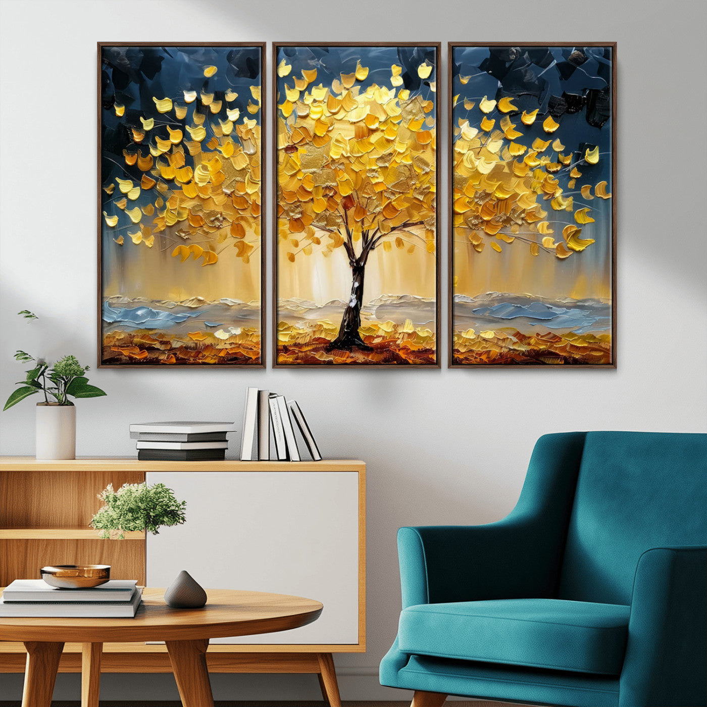 A stunning impasto painting captures the golden hues of autumn with a vibrant tree glowing against a dramatic blue and brown backdrop.