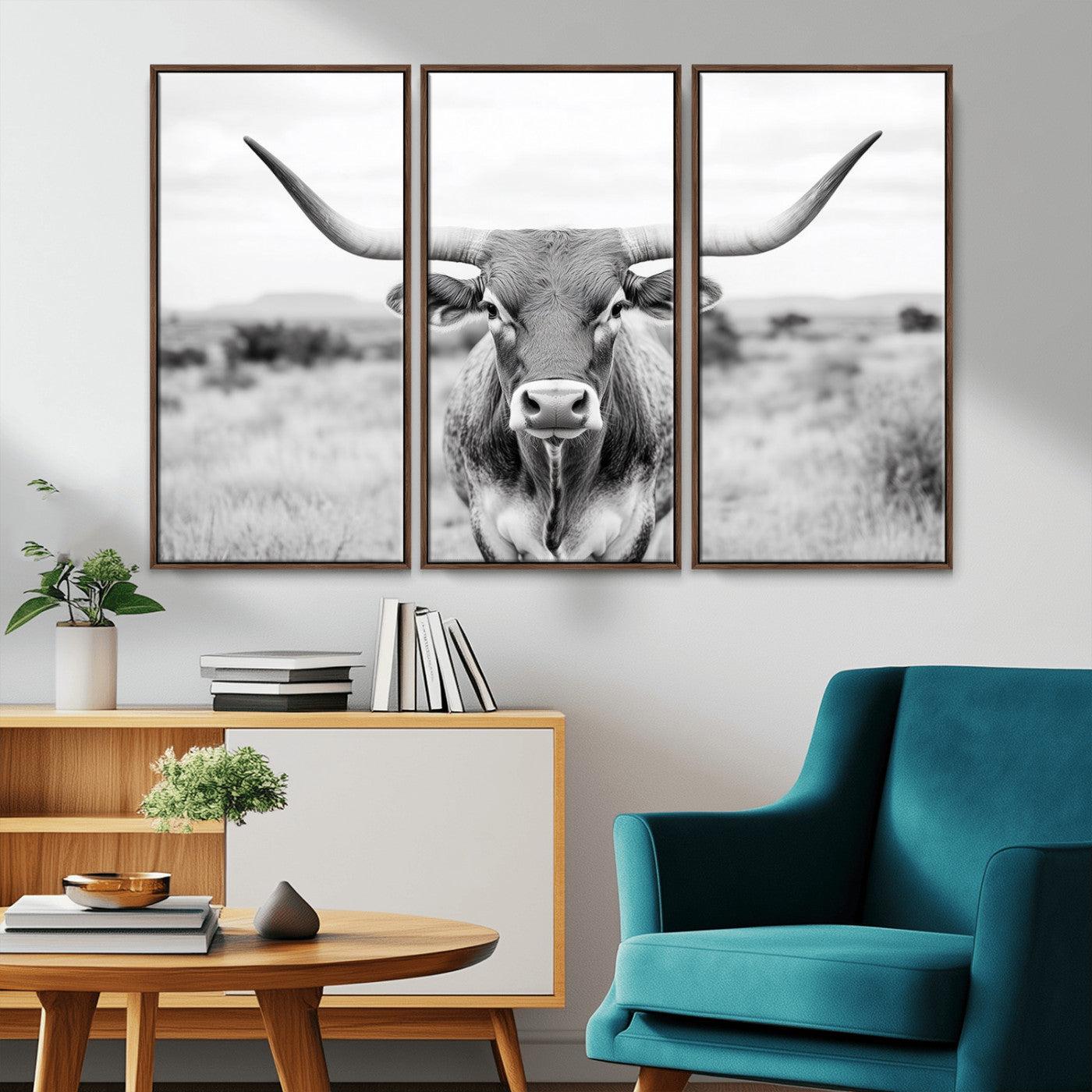 MGV-FC-48X32-3P - Highland Cow Wall Art Print - Black and White Texas Western Longhorn Canvas - Farmhouse Decor Print