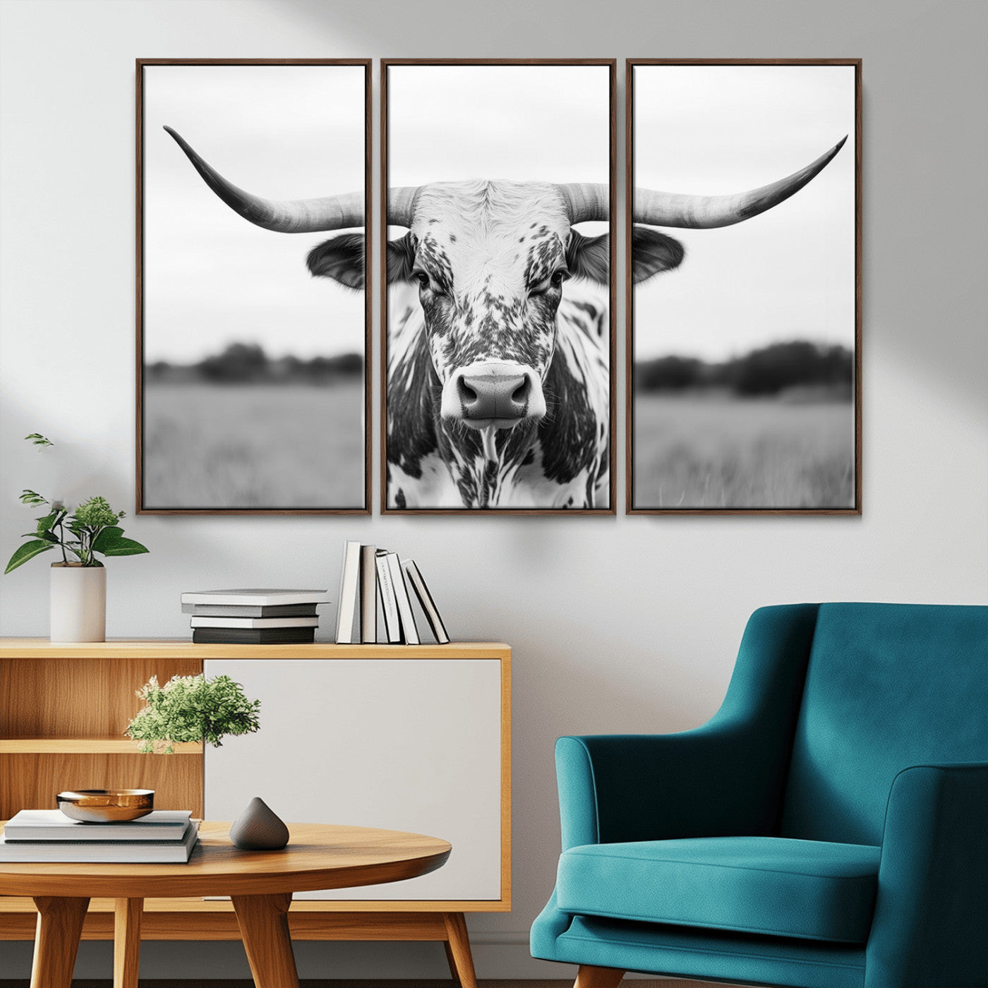 MGV-FC-48X32-3P - Highland Cow Wall Art - Black and White Western Longhorn Canvas Print - Farmhouse Living Room Decor