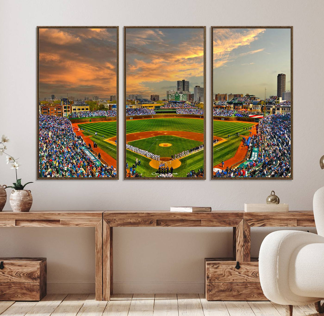 Aerial view of Wrigley Field at sunset against a vibrant sky, creating the perfect Chicago Wrigley Field Canvas Wall Art.