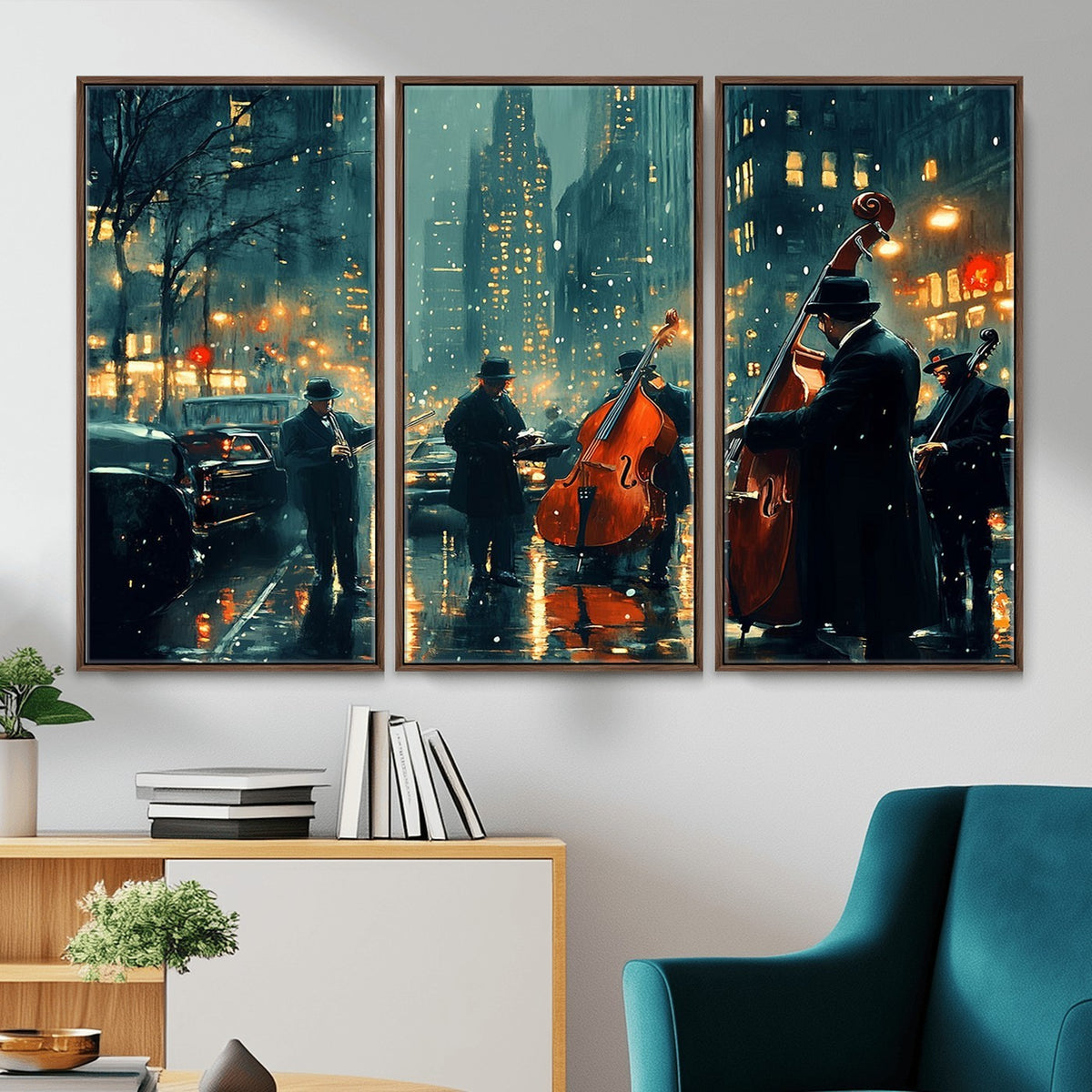 53391-MGV-CV-24X16 - Urban Night Jazz Wall Art Canvas Print | Moody Rain Soaked City Street Band Scene