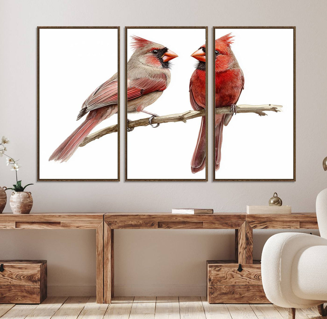 The Cardinal Bird Canvas Wall Art showcases two cardinals on a branch.