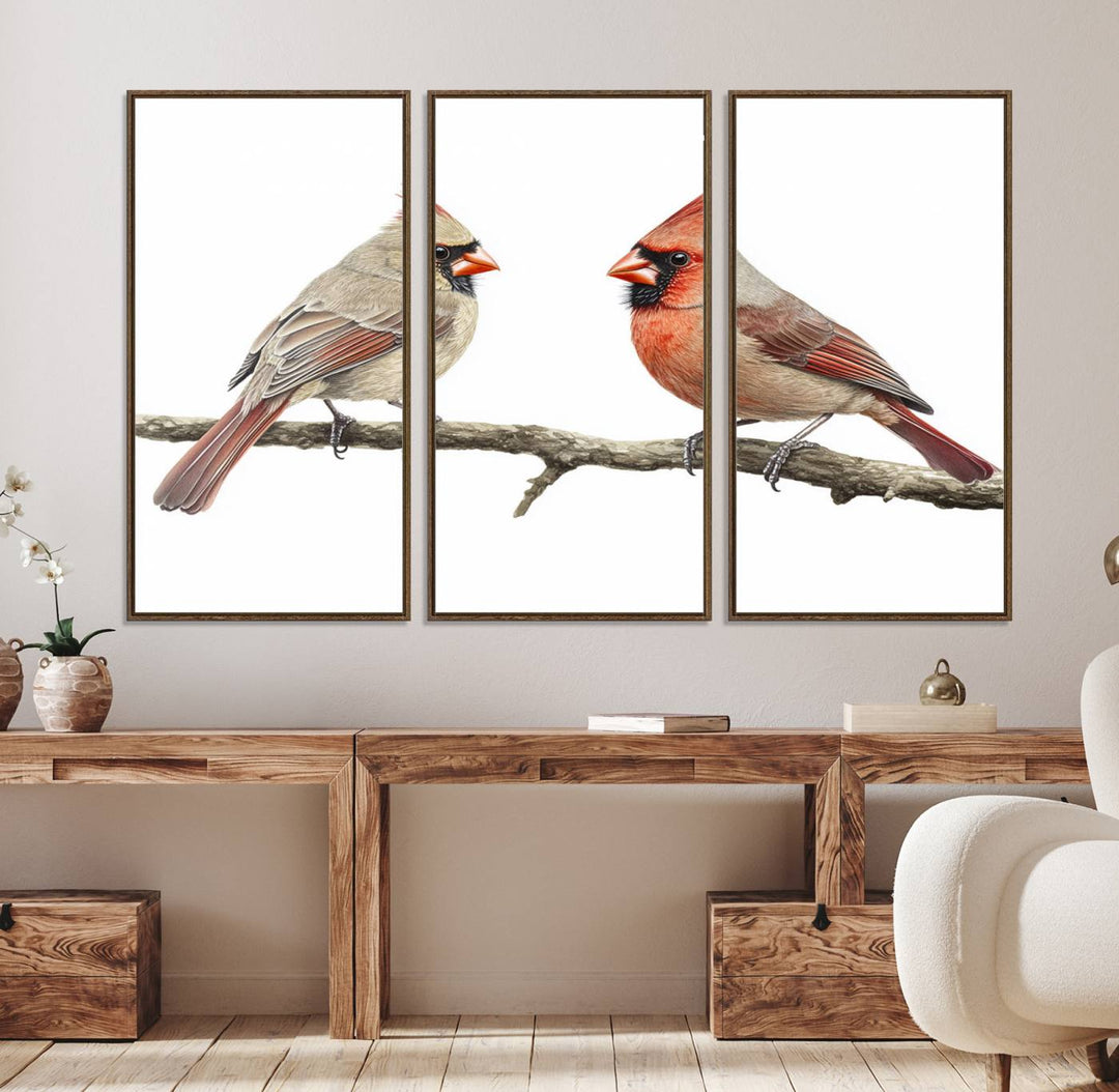 A Cardinal Canvas Wall Art print of cardinals on a branch hangs prominently.