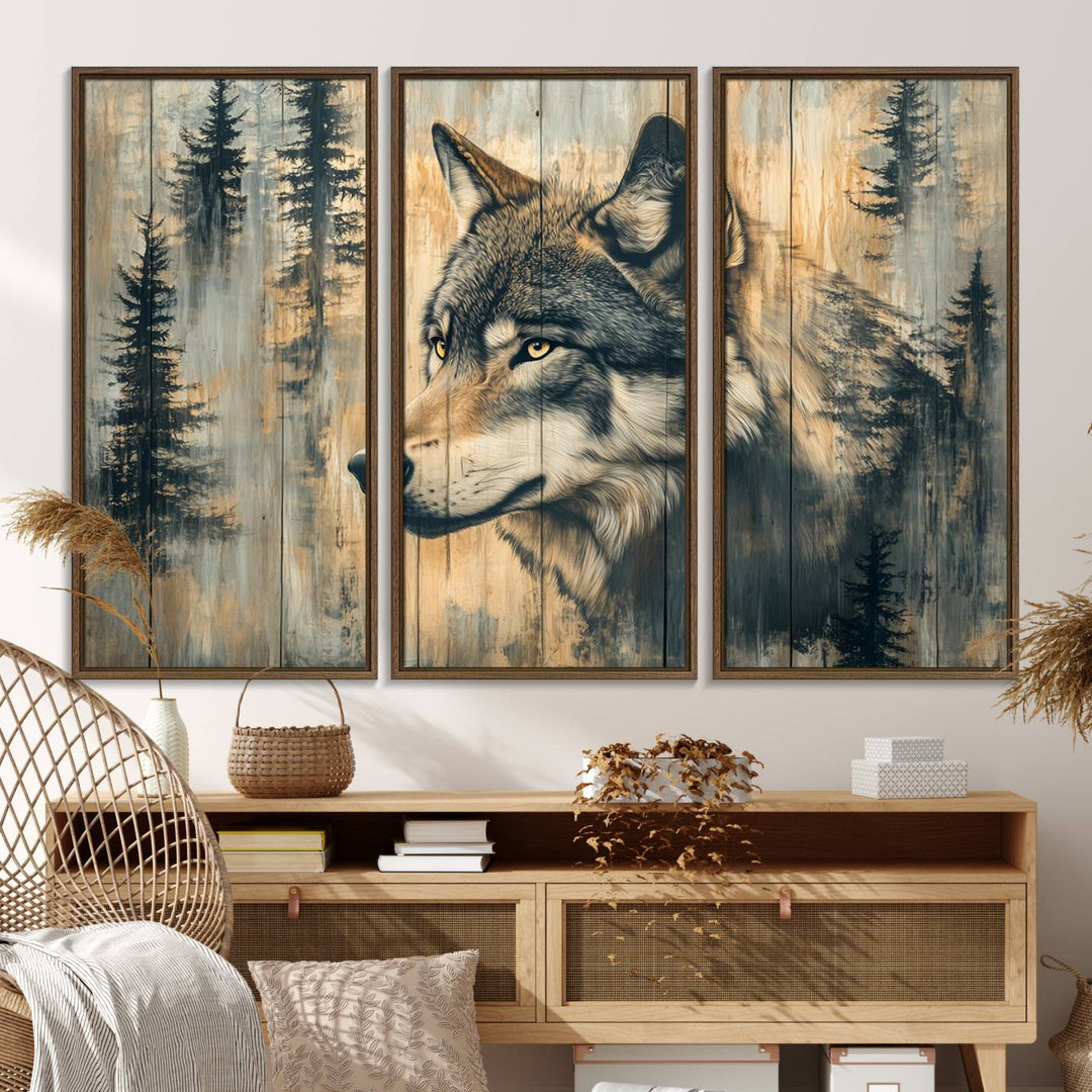 A Wood Style Rustic Wolf Wall Art Canvas Print adorns the kitchen.