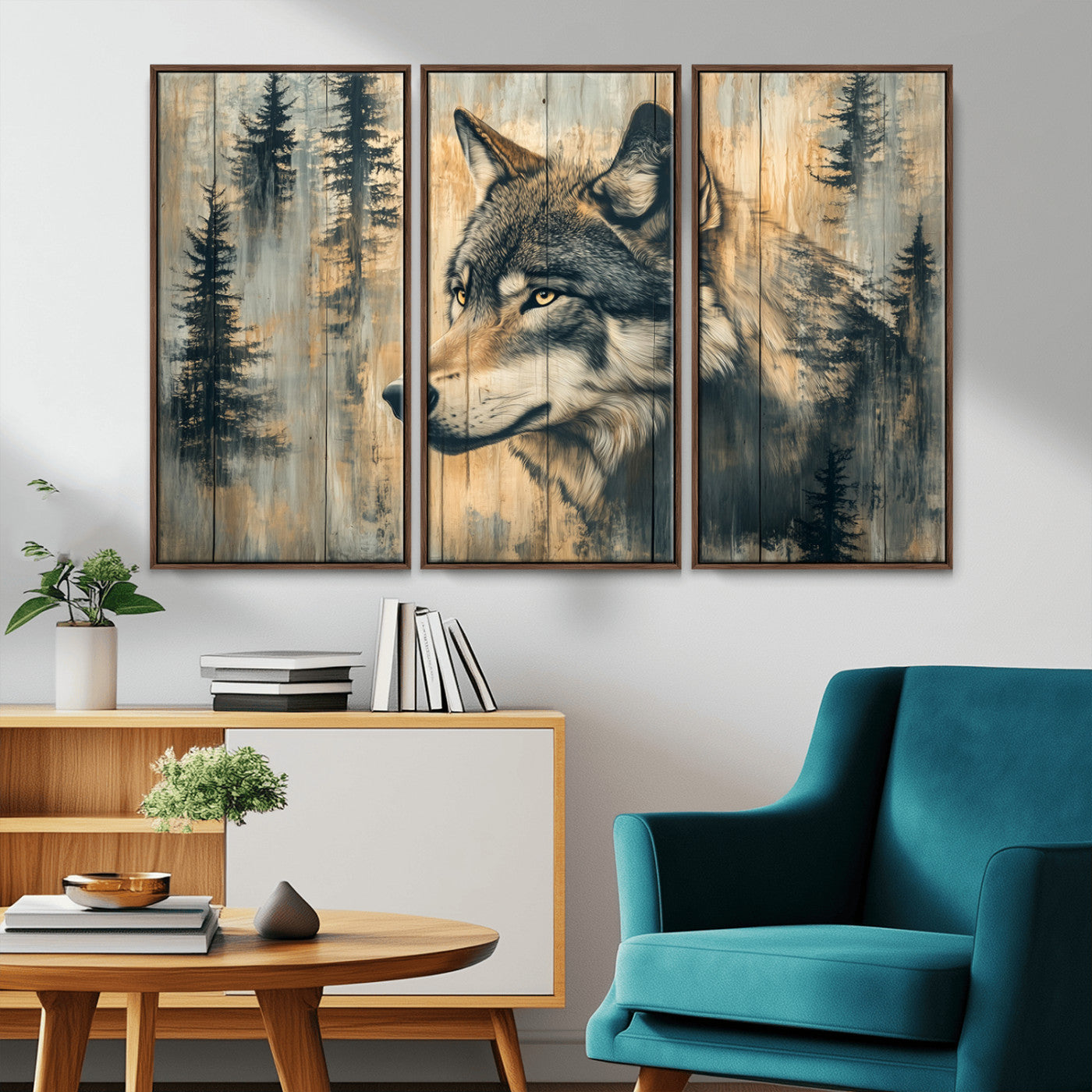 MGV-FC-48X32-3P - Wood Style Rustic Wolf Wall Art Canvas Print, Vintage Woodland Wolf Wall Art, Framed Wood Style Wolf