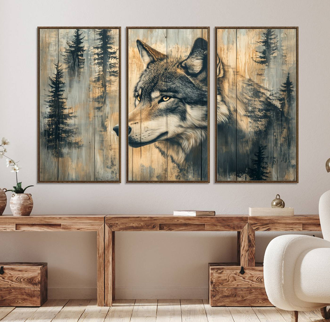 Above the counter is a Wood Style Rustic Wolf Wall Art Canvas Print.