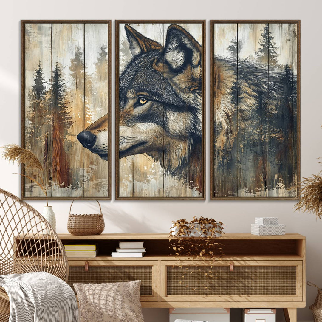 A kitchen dining area features Rustic Wolf Wall Art.