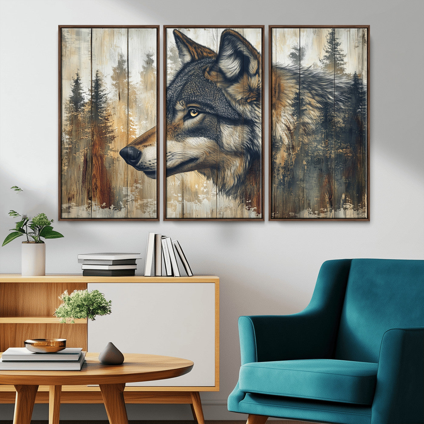 MGV-FC-48X32-3P - Rustic Wolf Wall Art Canvas Print, Vintage Woodland Wolf Wall Art