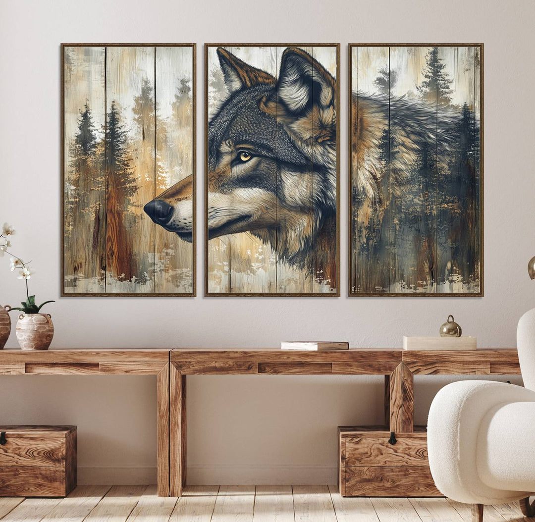 A Rustic Wolf Wall Art Canvas Print in earthy tones adorns the wall above the countertop.