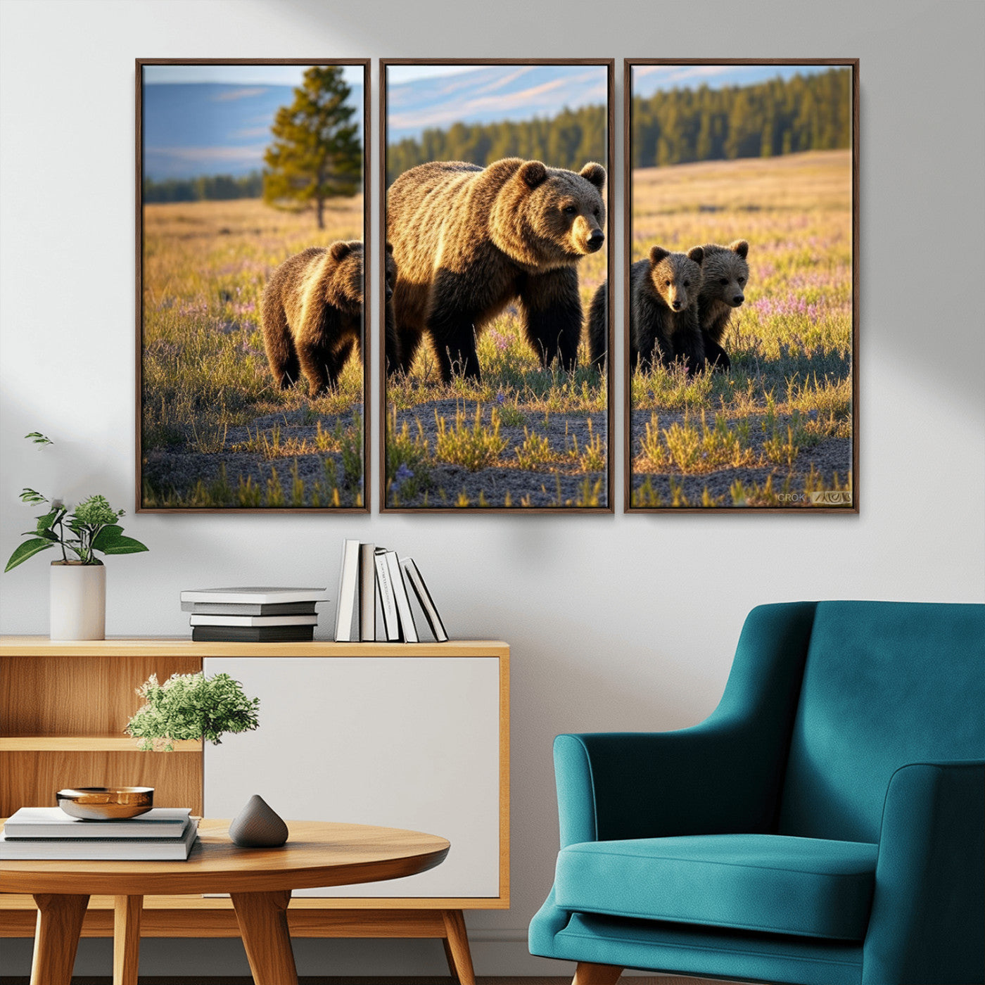 MGV-FC-48X32-3P - Grizzly 399 in Wild Flowers Wall Art Canvas Print, Grizzly Bears Wall Art, Queen of Grand Teton