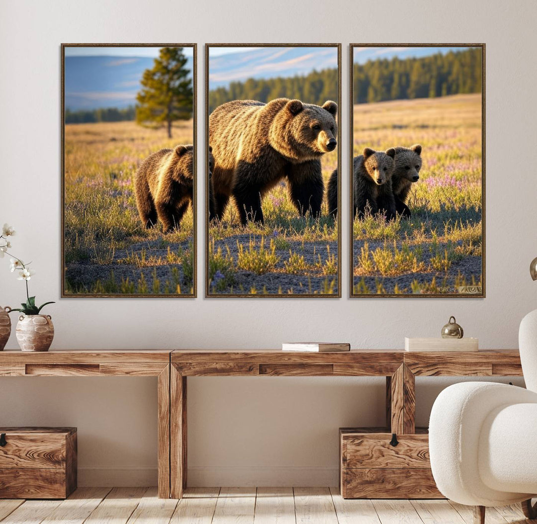 The dining room showcases the Grizzly 399 in Wild Flowers wall art.