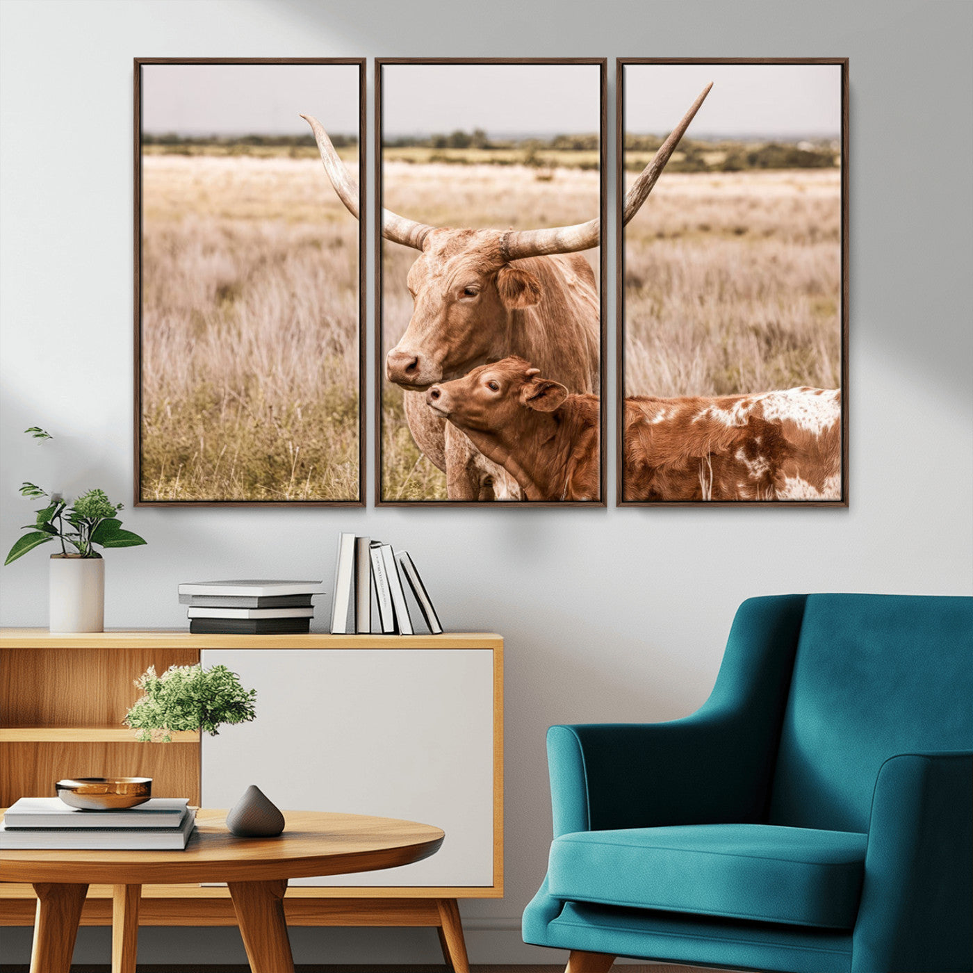 MGV-FC-48X32-3P - Texas Longhorn Cow Wall Art Canvas Print for Farmhouse Wall Art, Texas Decor, Western Wall Art Print