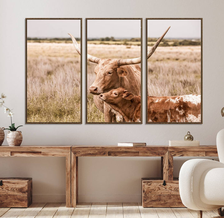 Dining area featuring a Texas Longhorn Cow Wall Art Canvas Print.