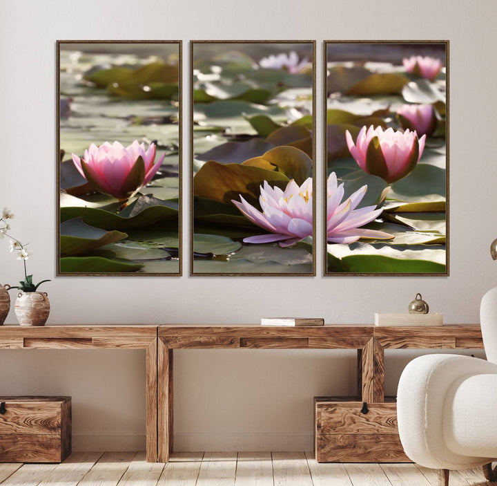 The dining room features the Water Lily Large Canvas Print.