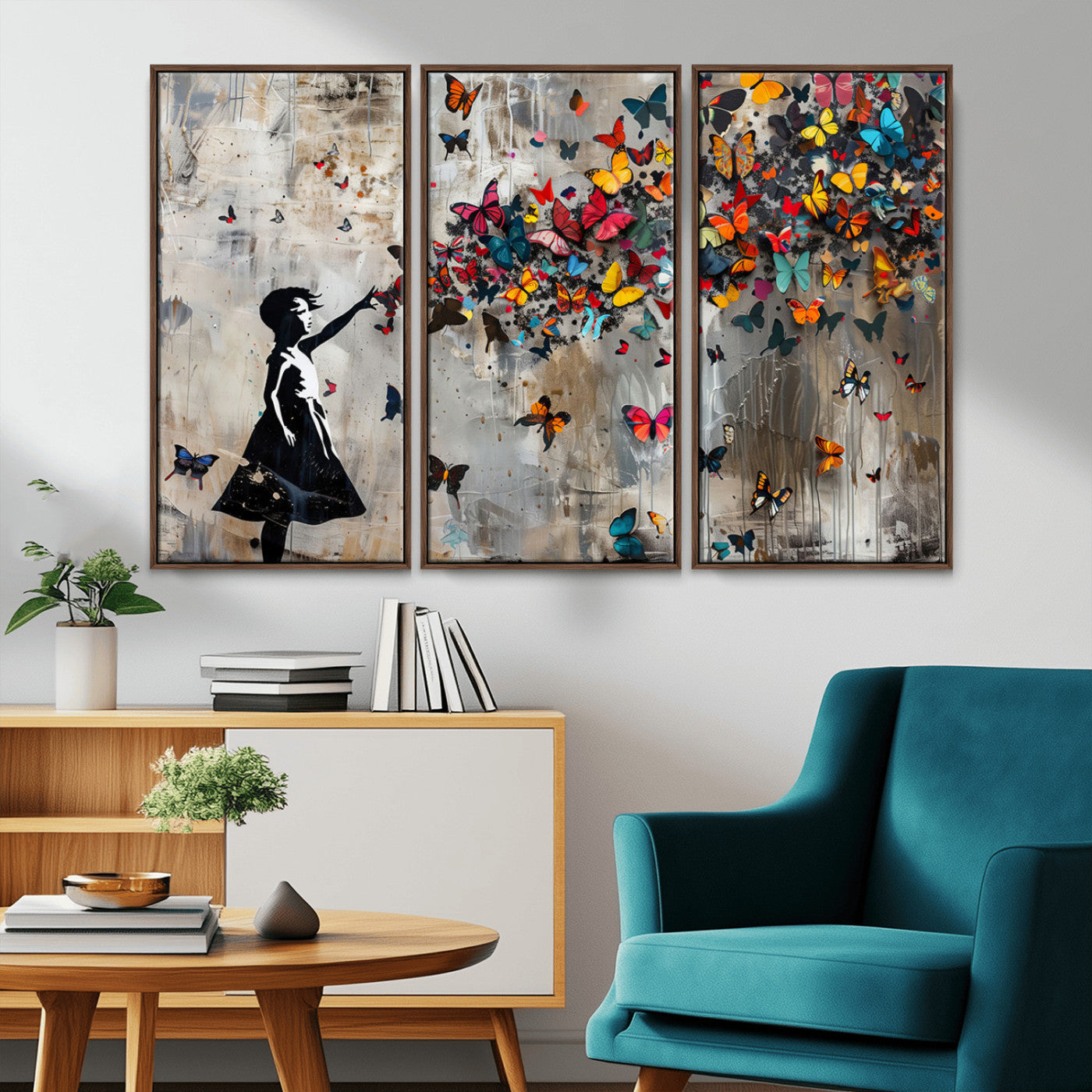 MGV-FC-48X32-3P - Framed Banksy Butterfly Girl Wall Art ,3-Piece Butterfly Girl Canvas, Modern Graffiti Canvas Print