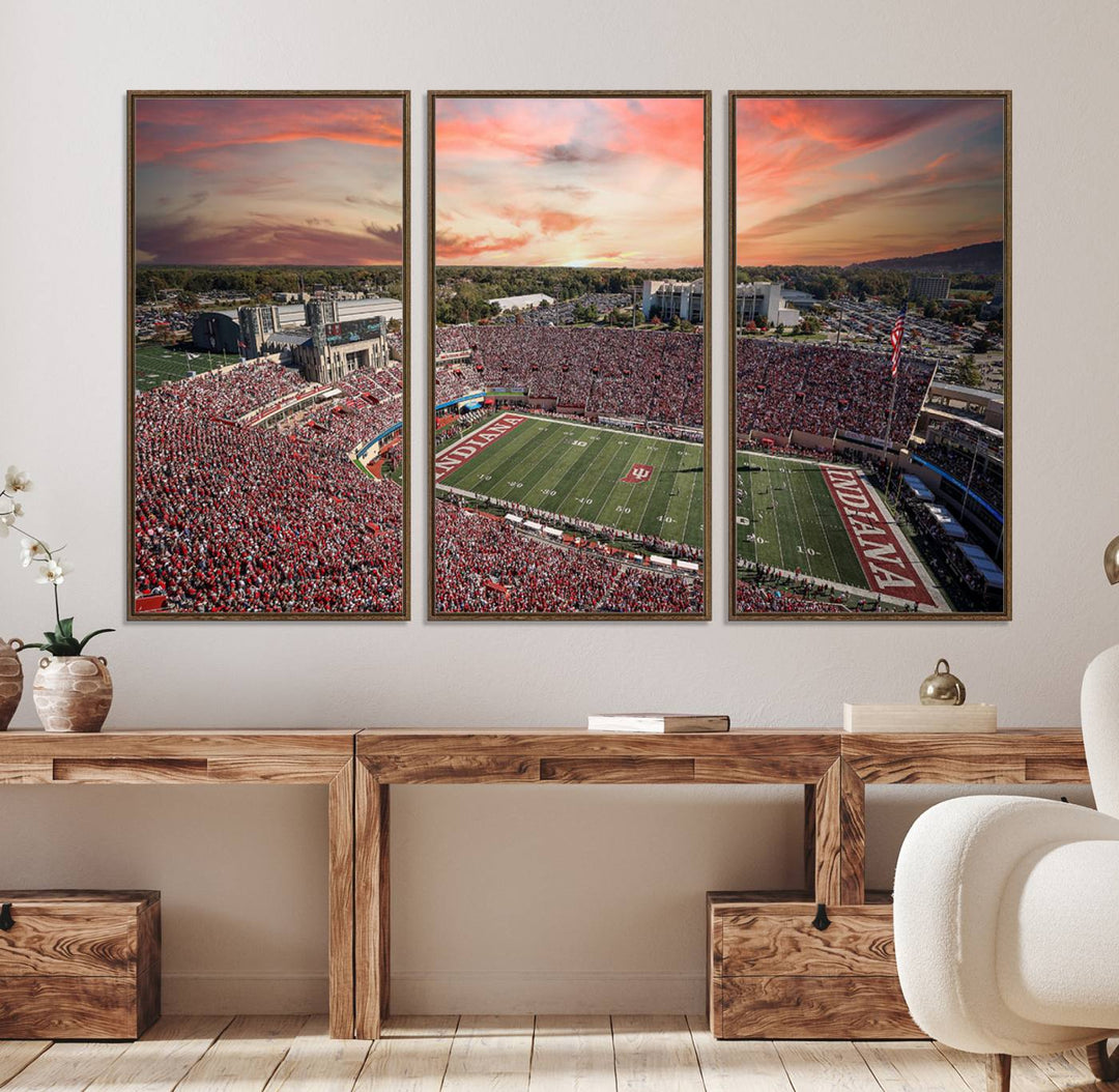 Gallery-quality Indiana Memorial Stadium Wall Art Canvas: A stunning view of the stadium at sunset.