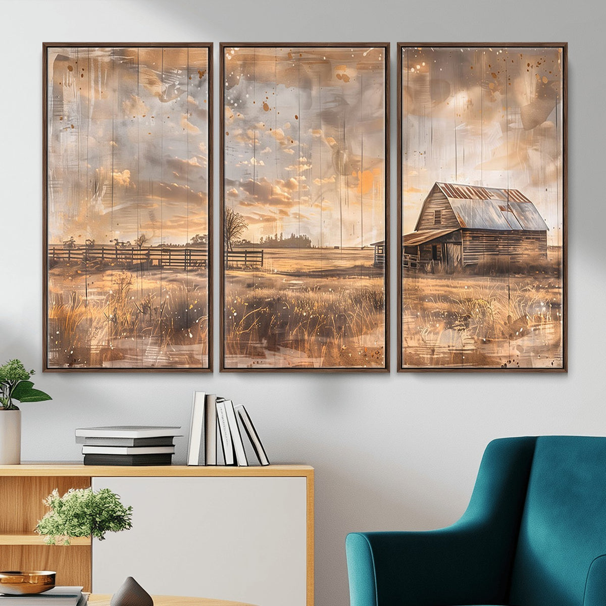 FARM2-MGV-CV-24X16 - Rustic Farmhouse Wall Art Canvas Print | Barn and Field Vintage Country Landscape