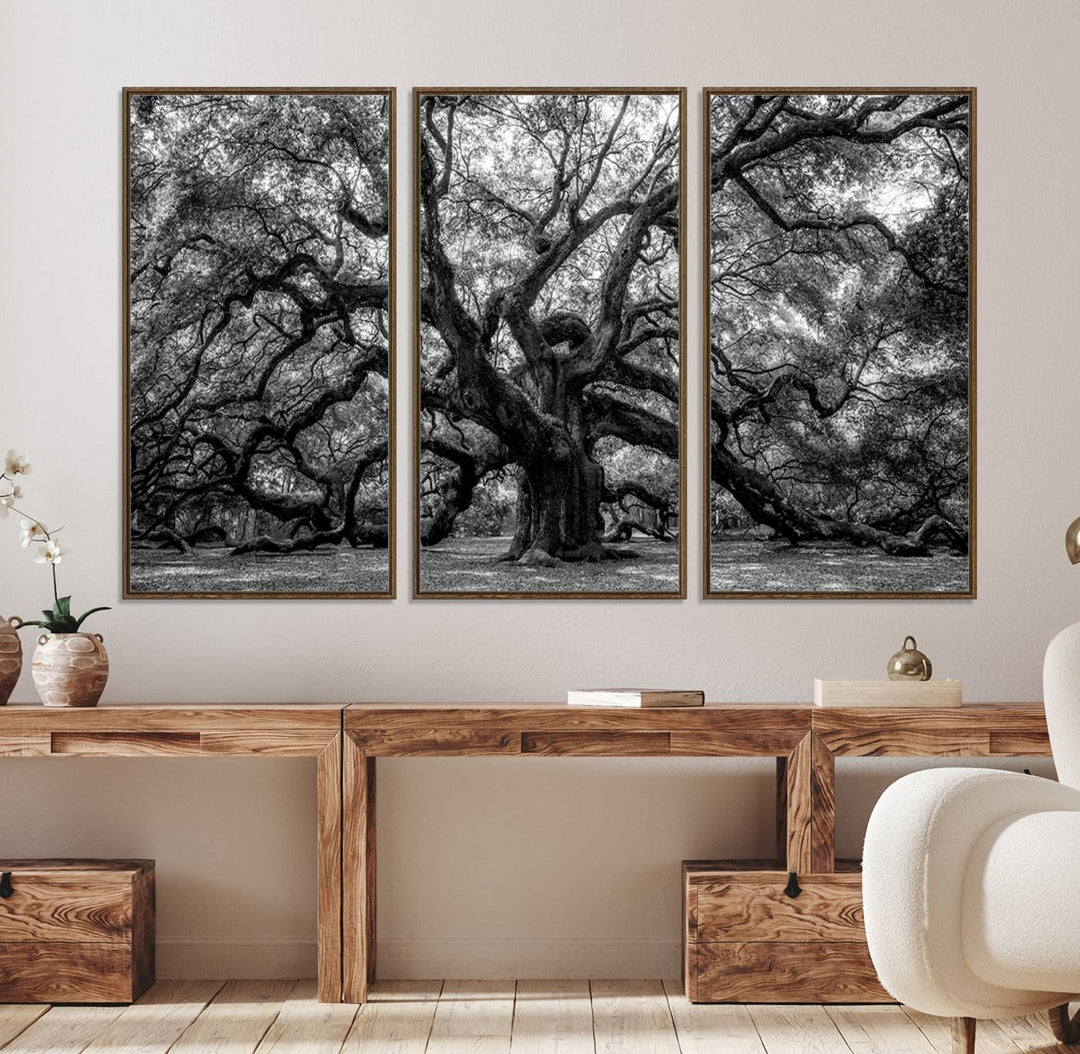 The Black and White Old Angel Oak Tree Canvas Print enhances the modern dining room.