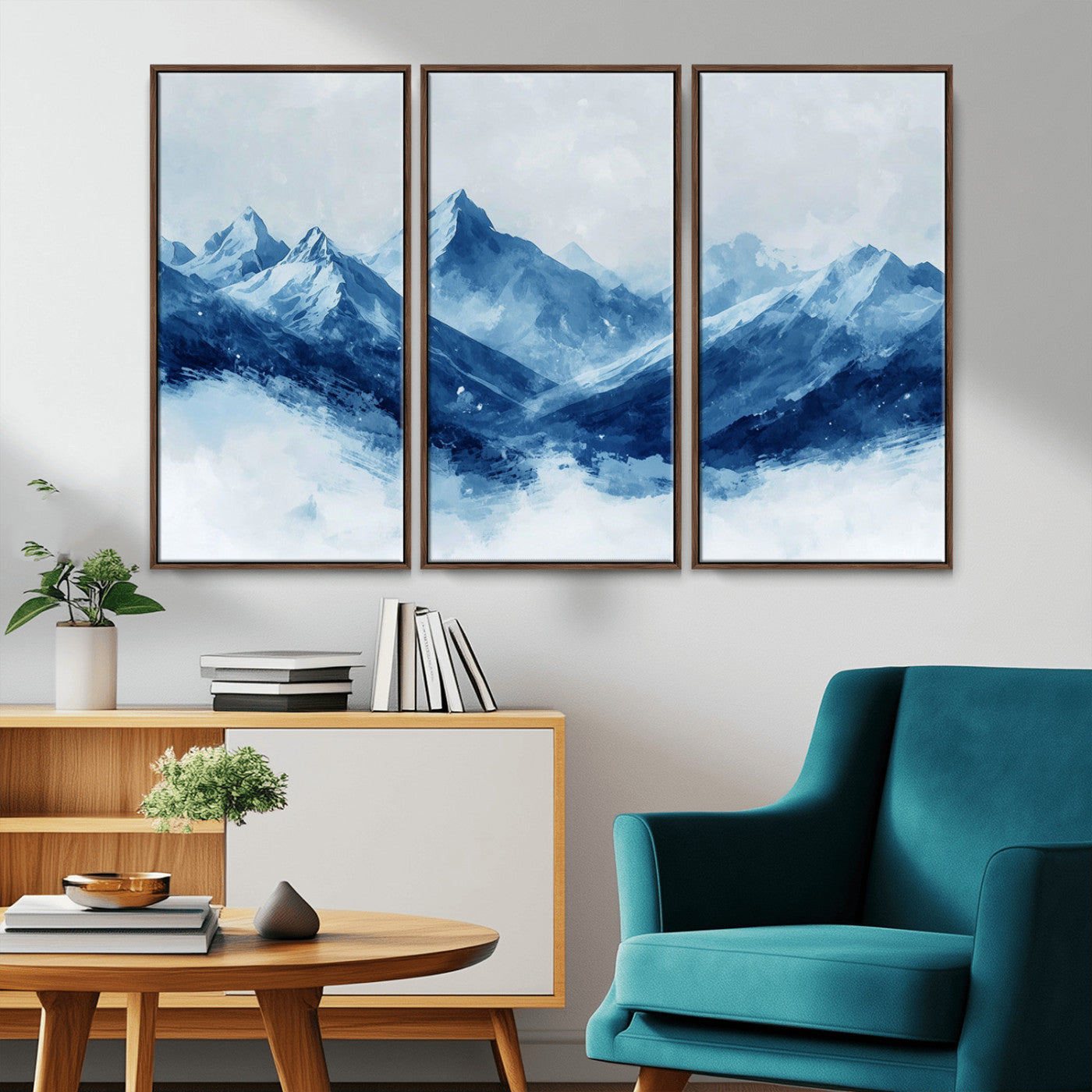 Peaceful watercolor-style painting of snowy blue mountains in soft tones, perfect for winter-themed or minimalist wall decor.