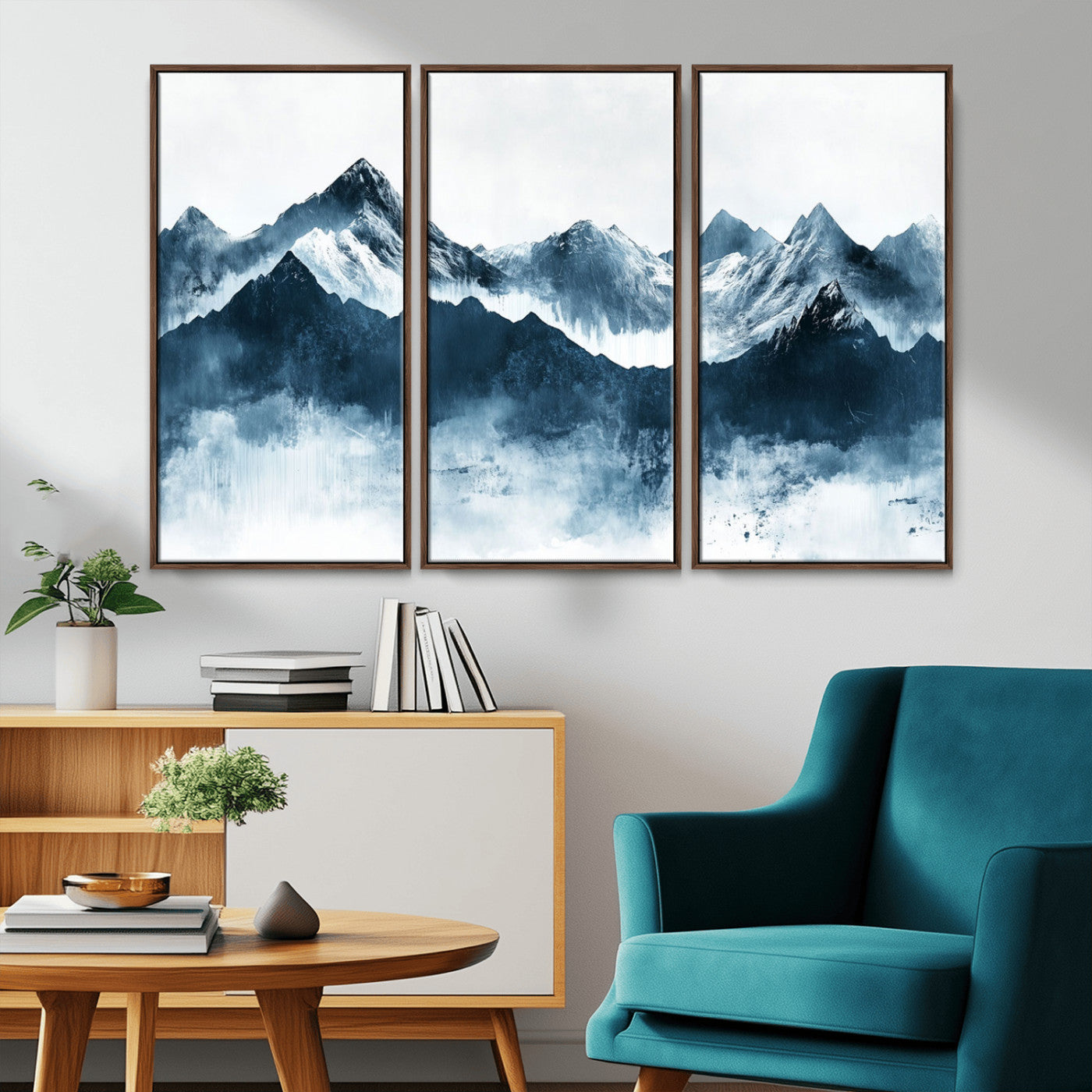 Abstract blue-toned canvas of snowy mountains in misty tones, ideal for minimalist or moody alpine-inspired home decor.