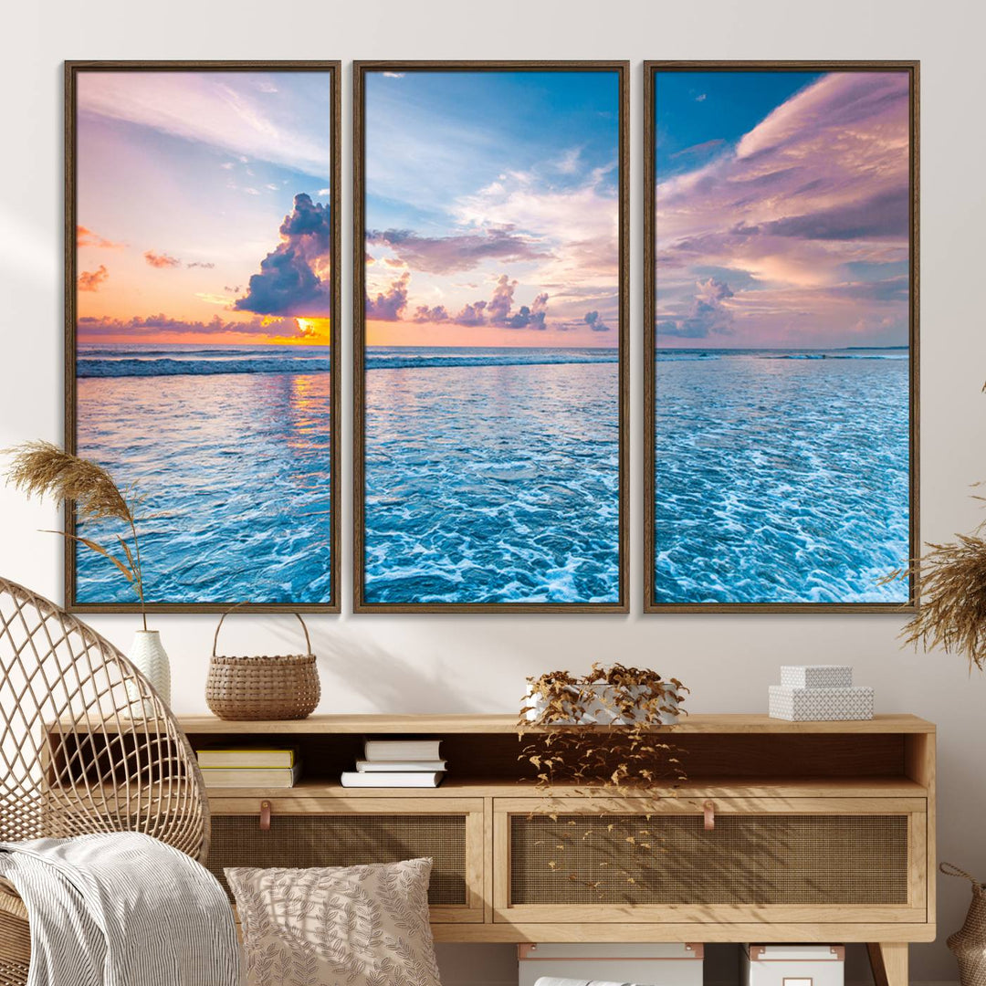 An Ocean Sunset Canvas Wall Art depicting a vibrant sky and rolling waves.