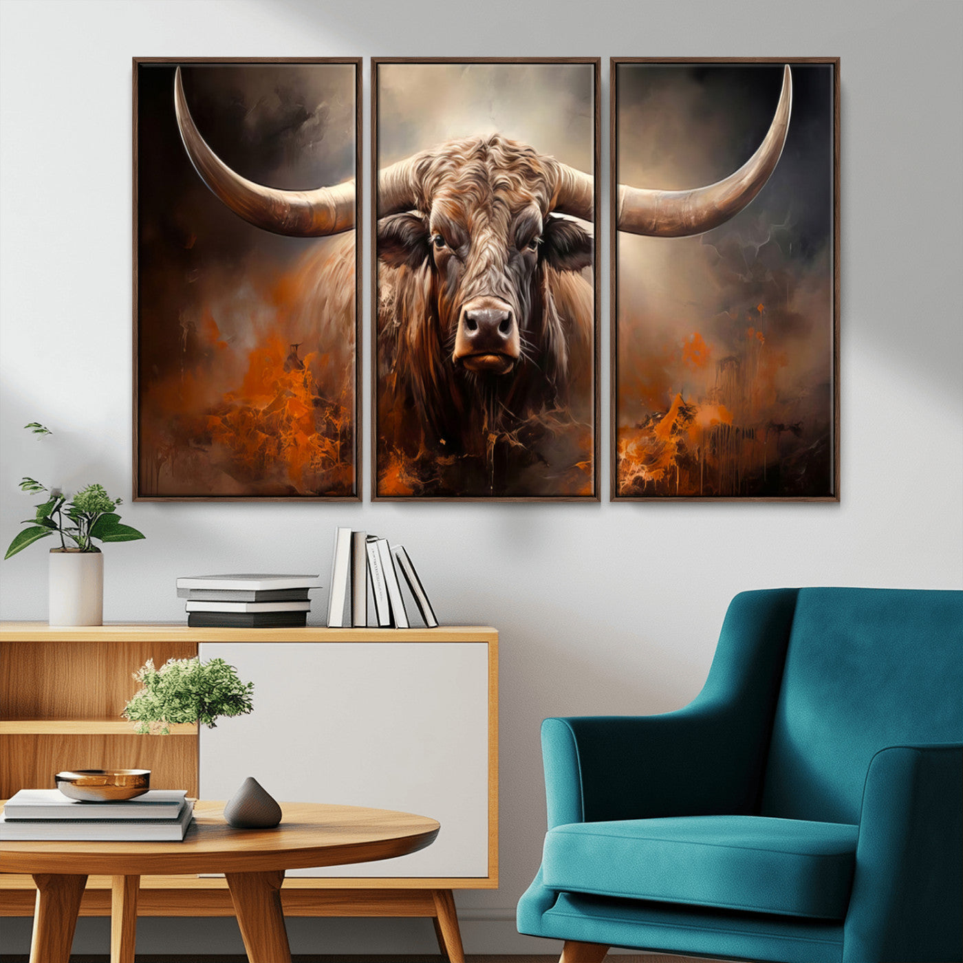 MGV-FC-48X32-3P - Highland Bull Canvas Abstract Canvas Wall Art Print – Powerful Highland Bull with Striking Horns in