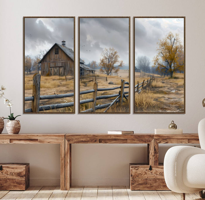 Rustic Autumn Farmhouse Wall Art – Weathered Barn & Trees Canvas Print, featuring a serene scene with birds in the sky. This piece is ready to hang.