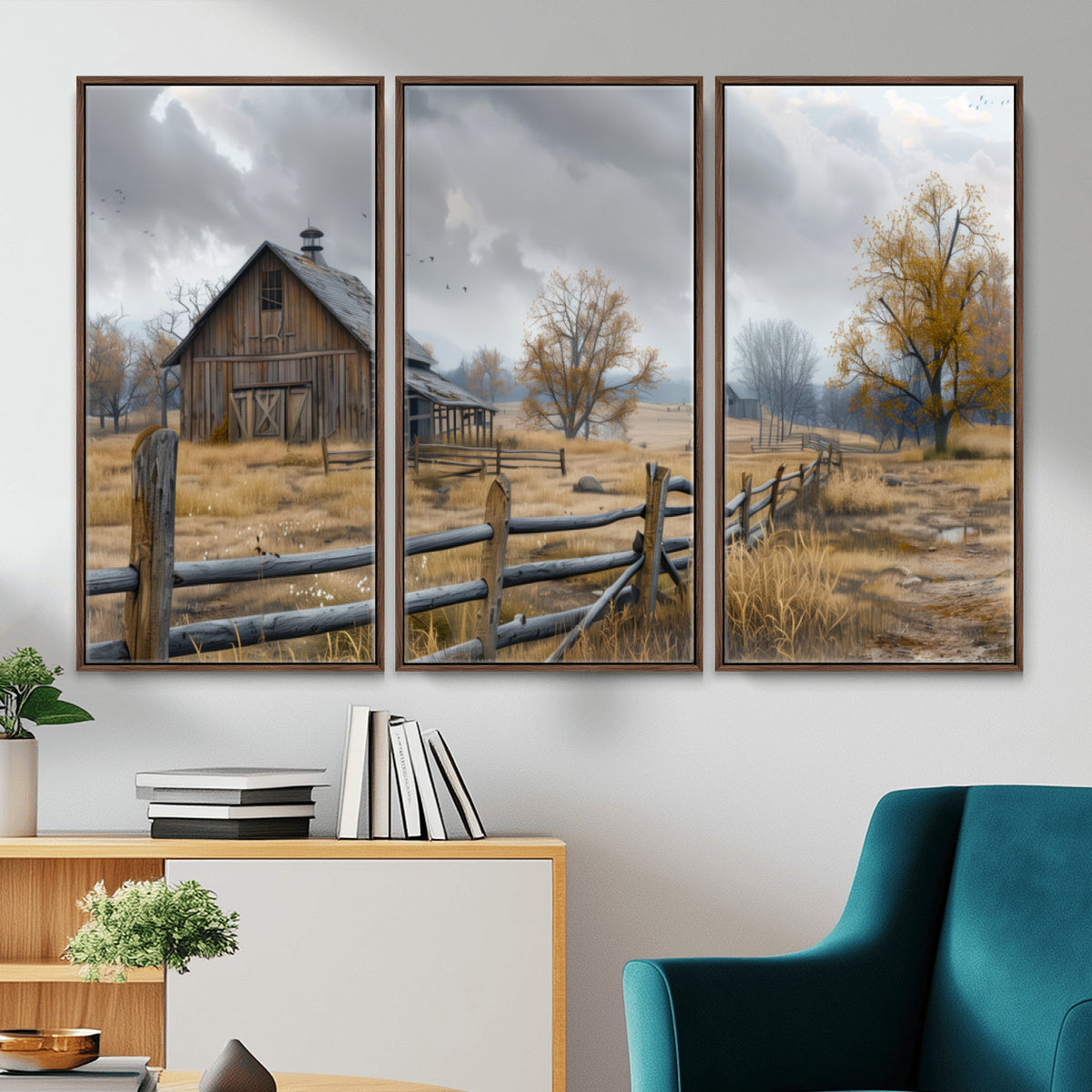 Farm1-MGV-CV-36X24 - Rustic Autumn Farmhouse Wall Art Canvas Print | Serene Countryside with Weathered Barn