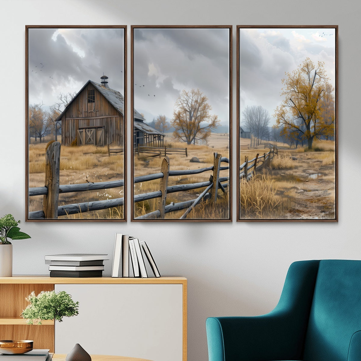 Farm1-MGV-CV-24X16 - Rustic Autumn Farmhouse Wall Art Canvas Print | Serene Countryside with Weathered Barn