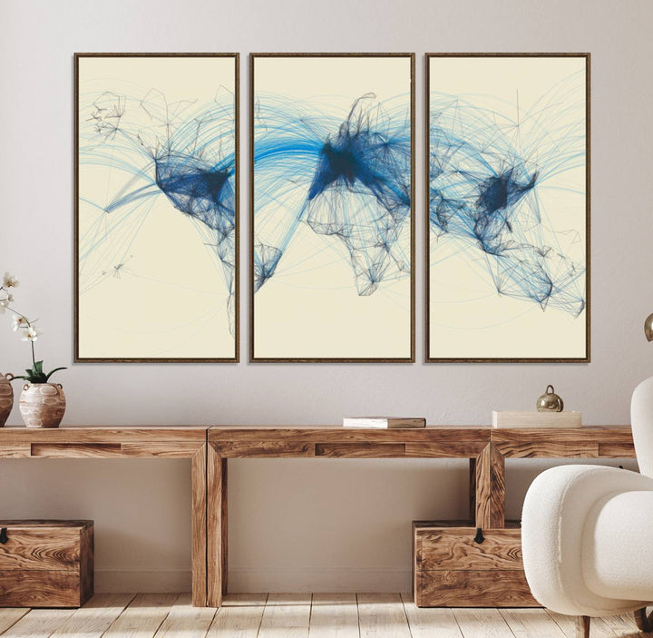 Flight Routes Map: Air Traffic Avi World Map featuring blue lines symbolizing global data. Ideal for home decor and ready to hang.