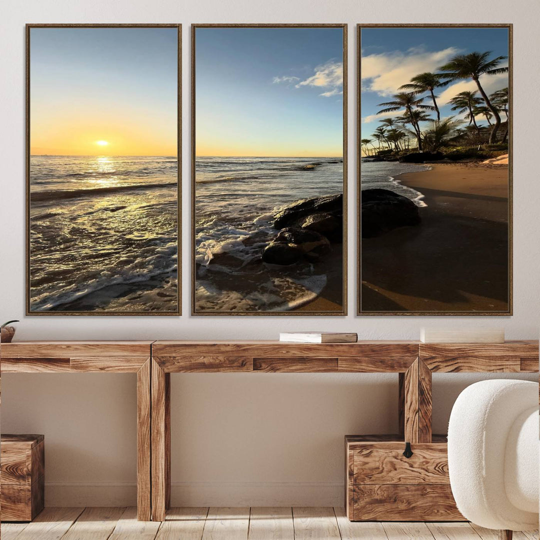 A serene tropical sunset on canvas, featuring palms and waves, serves as perfect Tropical Beach Wall Art for home or office decor.