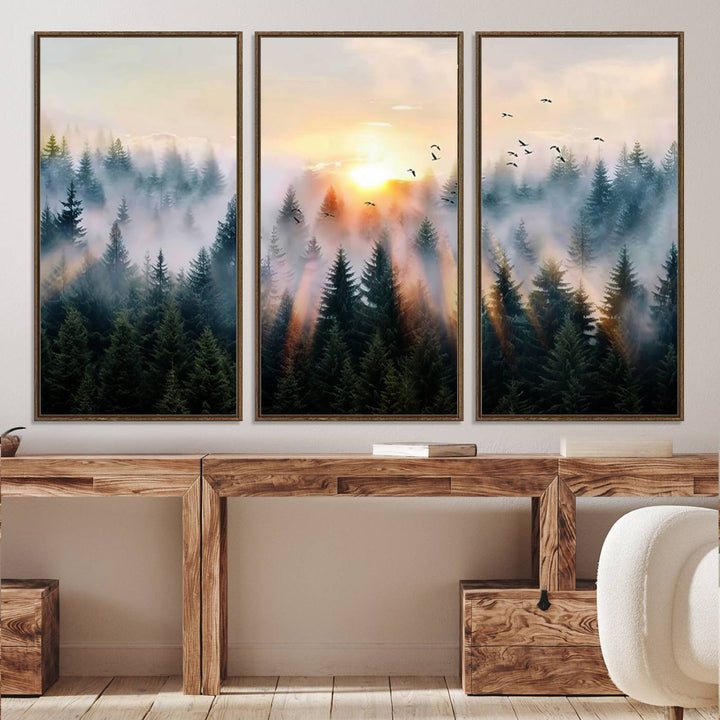 Sunrise over a misty forest with rays filtering through trees in the Abstract Forest Wall Art featuring soaring birds.