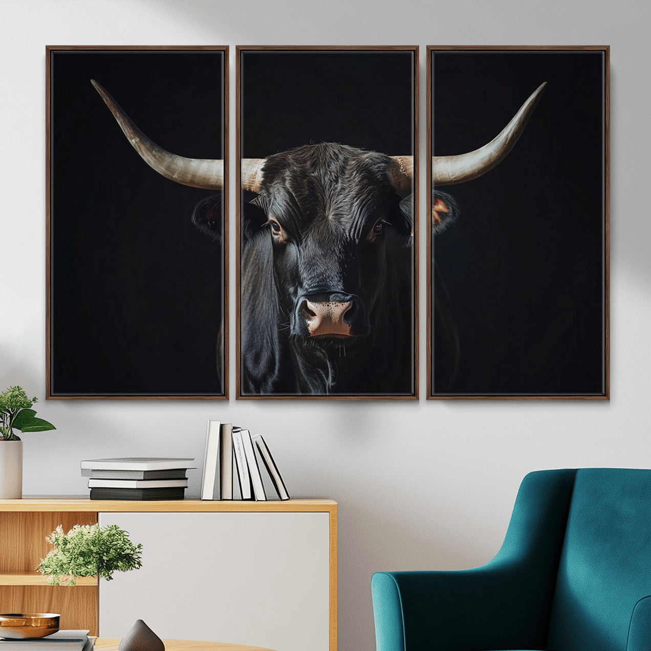48065167-MGV-CV-36X24 - Texas Longhorn Bull Wall Art Canvas Print – Western Black Bull Art Print for Farmhouse Ranch Decor
