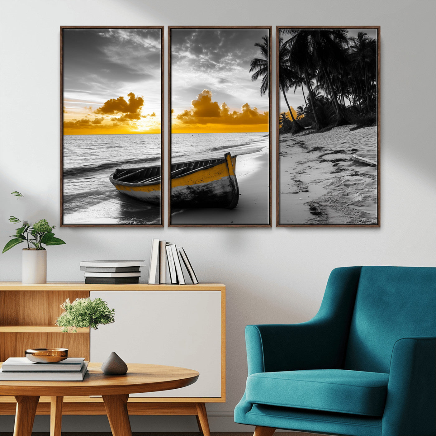 Canvas of a yellow rowboat on a black and white tropical beach with golden sunset sky, ideal for coastal or tropical-themed home decor.