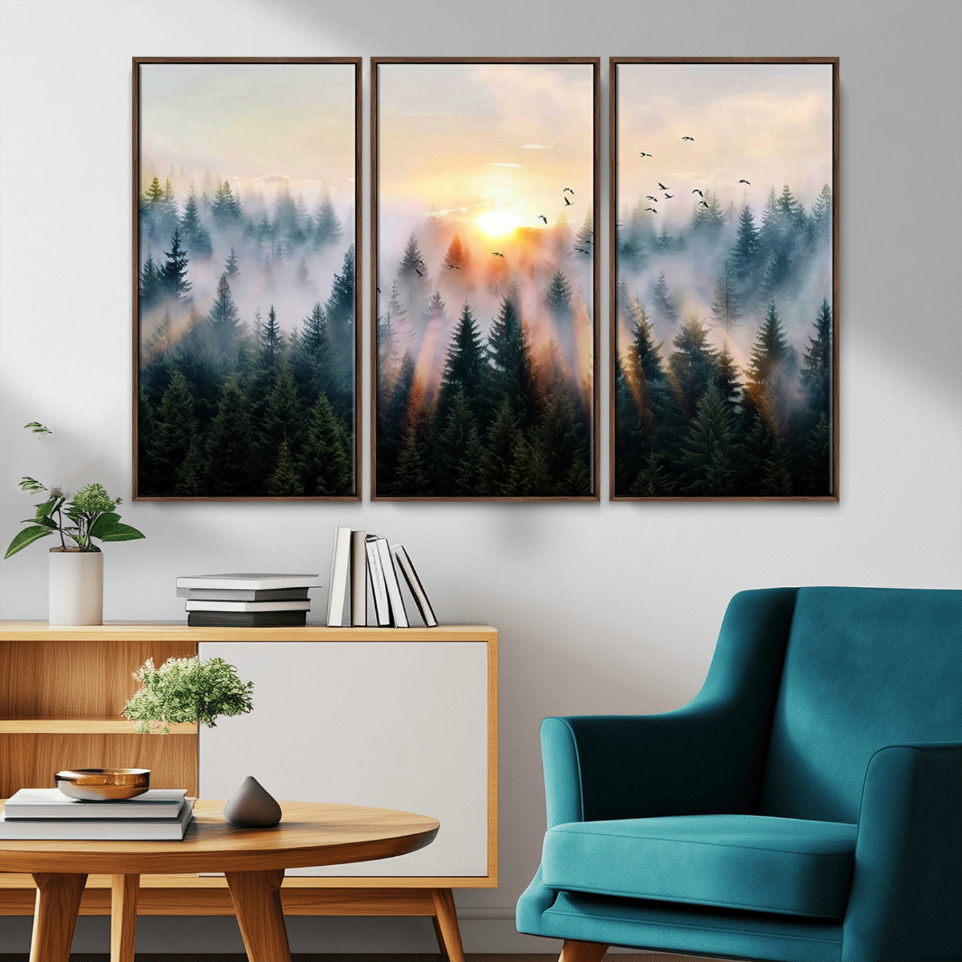 Canvas of a misty pine forest at sunrise with birds flying through golden morning rays, perfect for serene and moody woodland-style home decor.