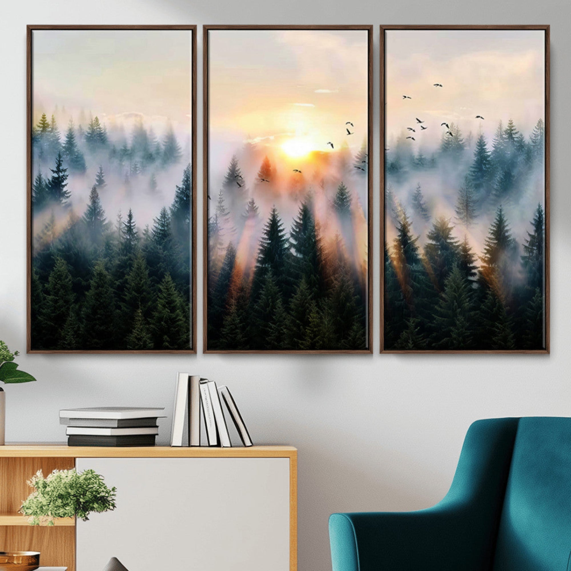 Canvas of a misty pine forest at sunrise with birds flying through golden morning rays, perfect for serene and moody woodland-style home decor.