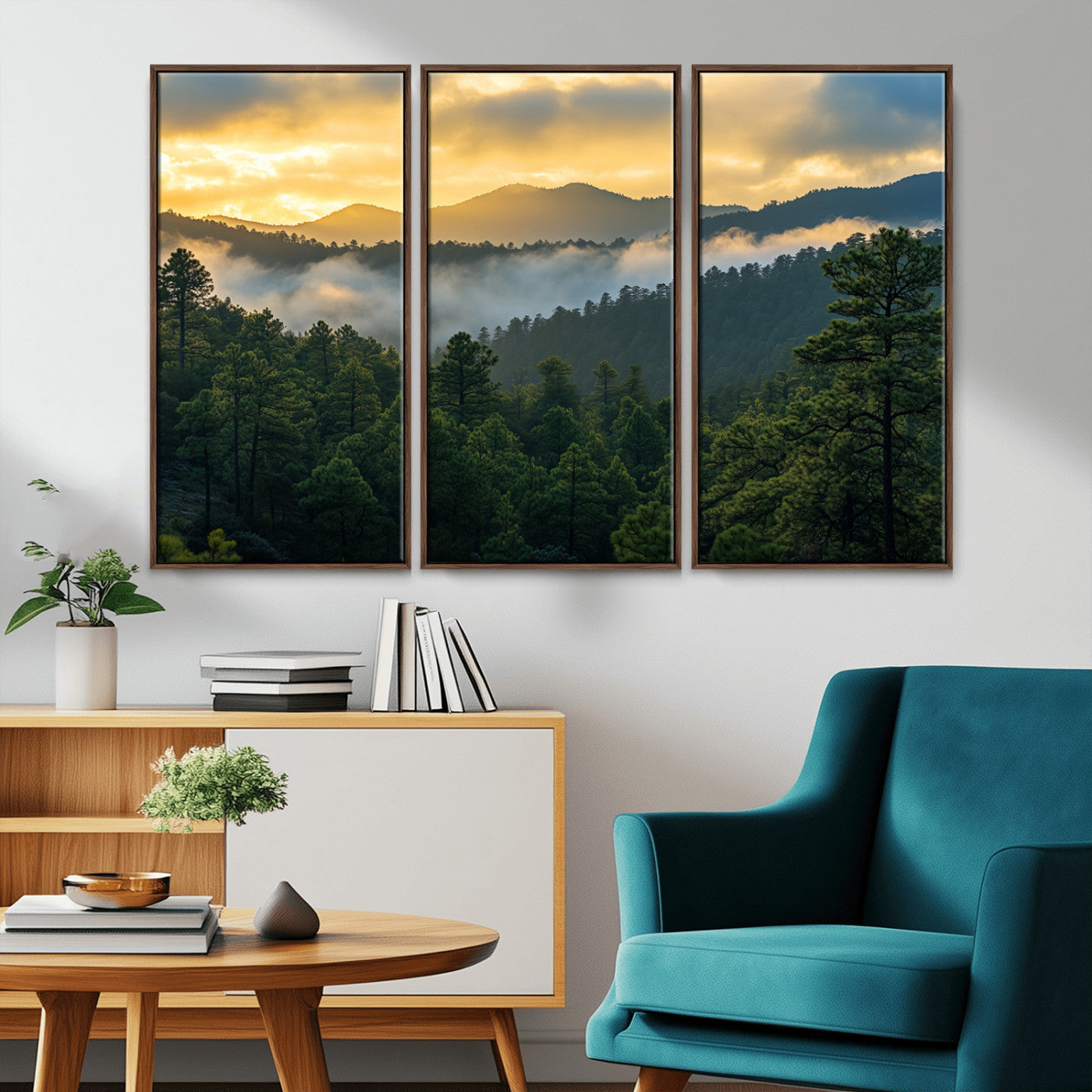 Canvas of misty pine-covered mountains at sunrise, featuring golden light and fog layers, ideal for tranquil earthy home decor.
