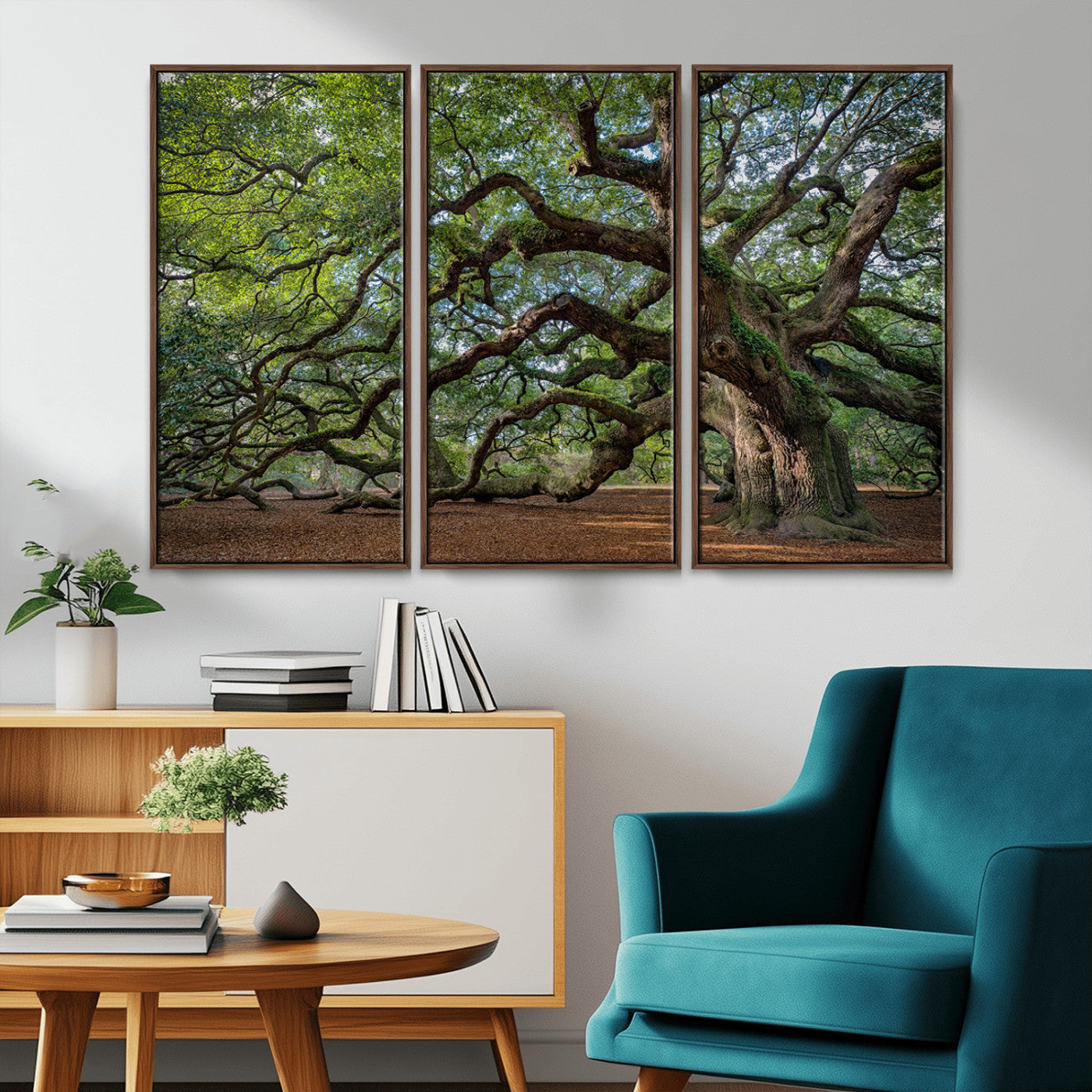 Canvas of the Angel Oak tree with sprawling limbs and mossy bark, ideal for earthy natural or rustic southern-inspired decor.