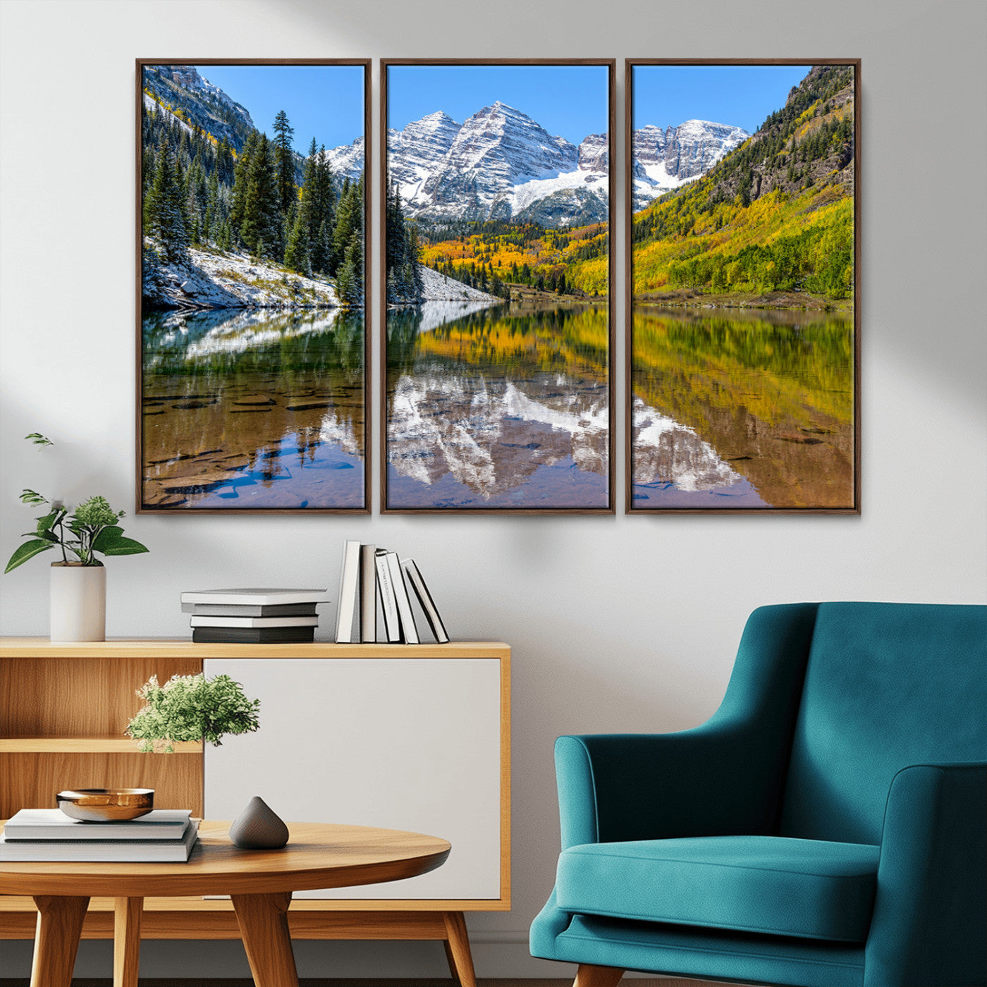 Canvas of Maroon Bells reflected in a clear alpine lake, with golden aspens and snowy peaks, ideal for crisp autumn or mountain-themed decor.