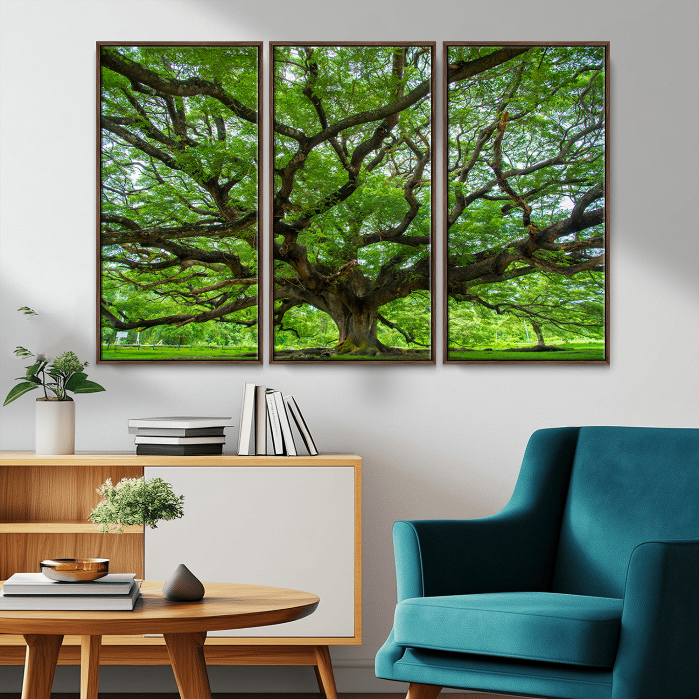 Canvas of an ancient tree with sprawling branches and vibrant green foliage, perfect for earthy, nature-inspired home decor.