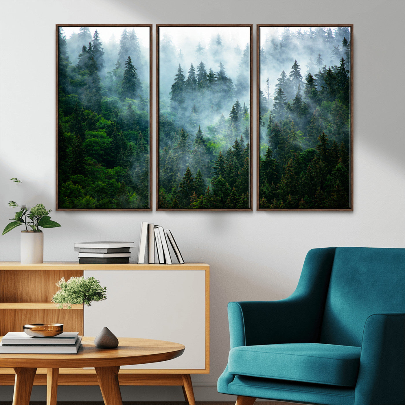 A captivating view of a dense pine forest blanketed in drifting fog, evoking a mystical and tranquil atmosphere.