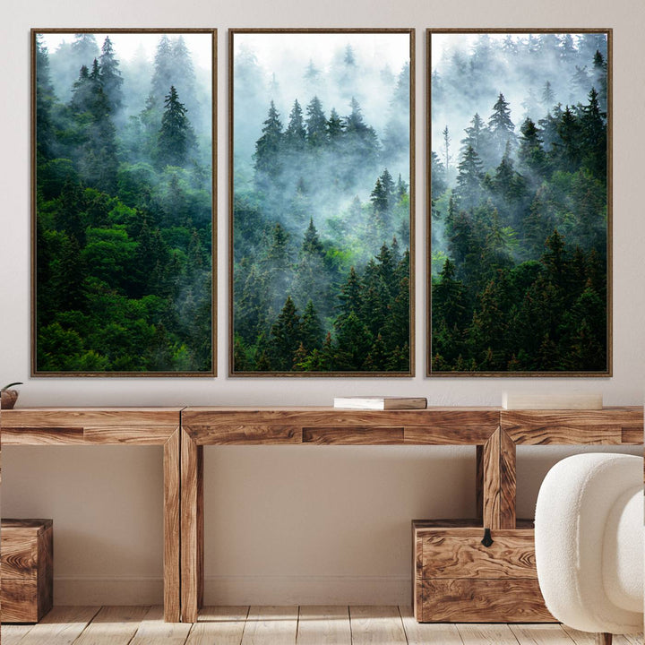 Misty Forest Art Wall Art Canvas Print, Foggy Mountain Art Print, Framed Scenic Wall Print Art Print, Large Woodland Canvas Printing Perfect for  Decor