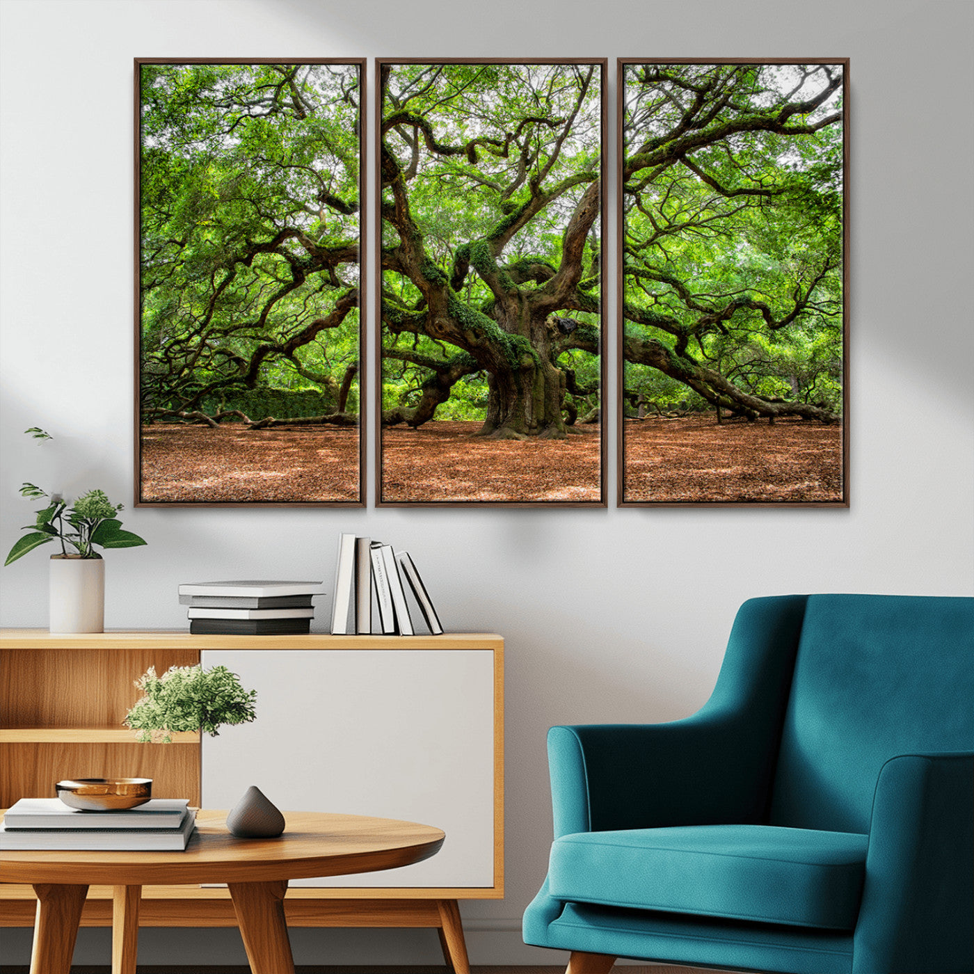 A majestic, ancient tree with expansive, twisting branches spreading wide under a dense, vibrant green canopy in a serene forest clearing.