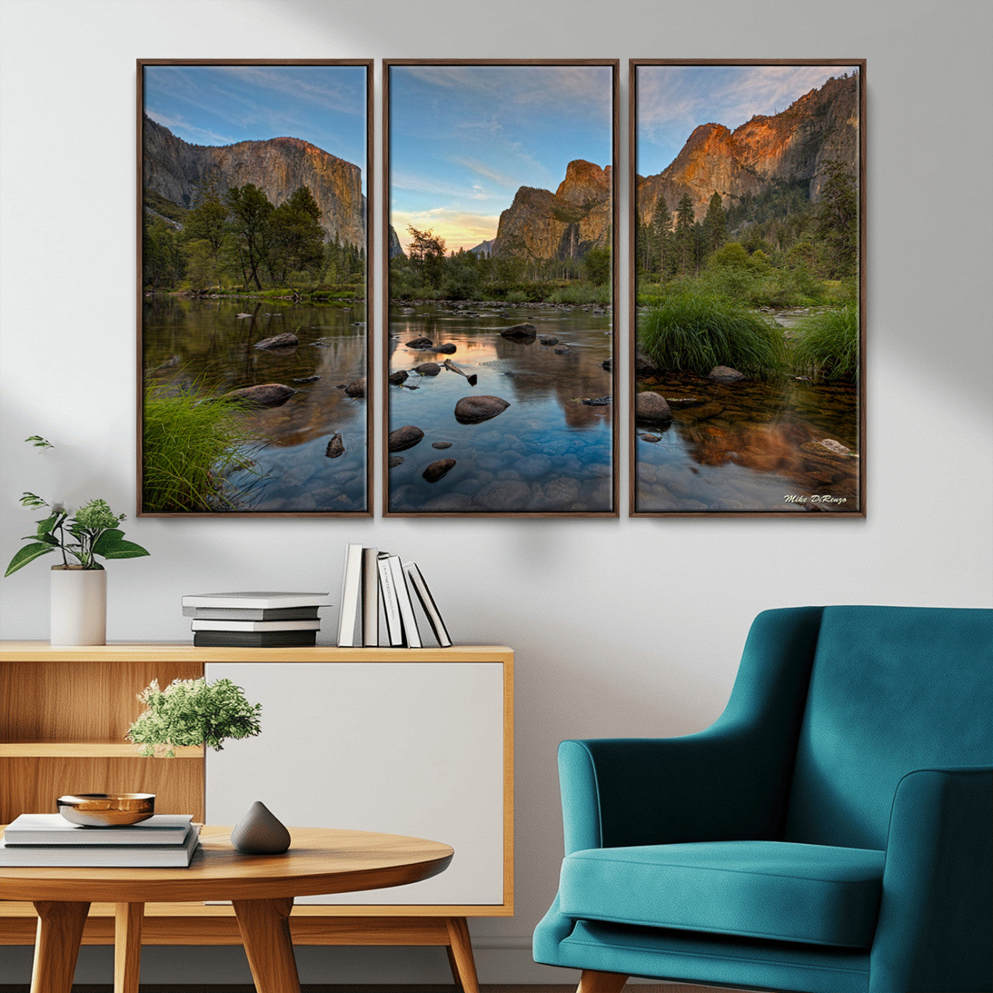 Canvas of Yosemite Valley with El Capitan and sunset reflections in a calm river, perfect for rustic or nature-themed décor.