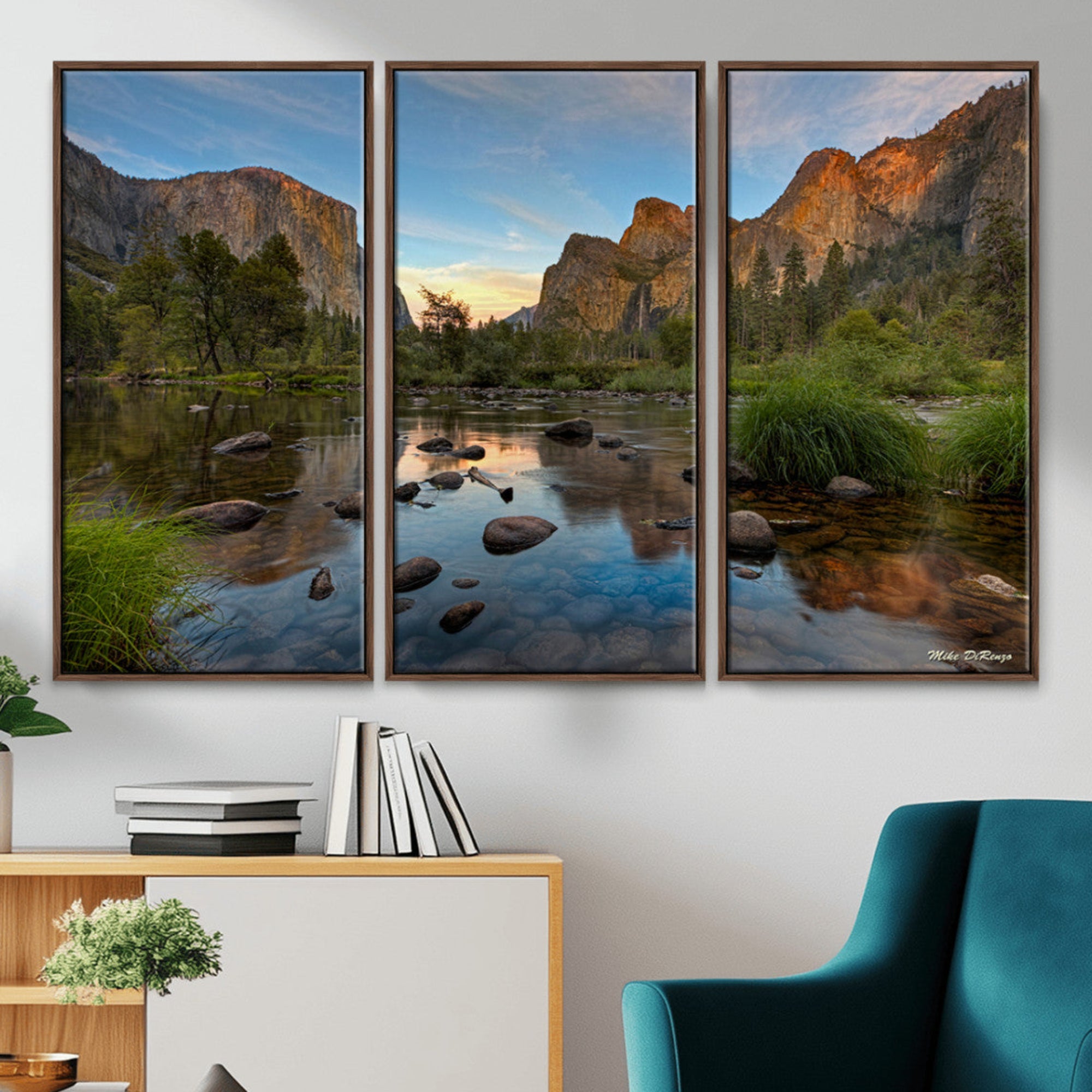 Canvas of Yosemite Valley with El Capitan and sunset reflections in a calm river, perfect for rustic or nature-themed décor.