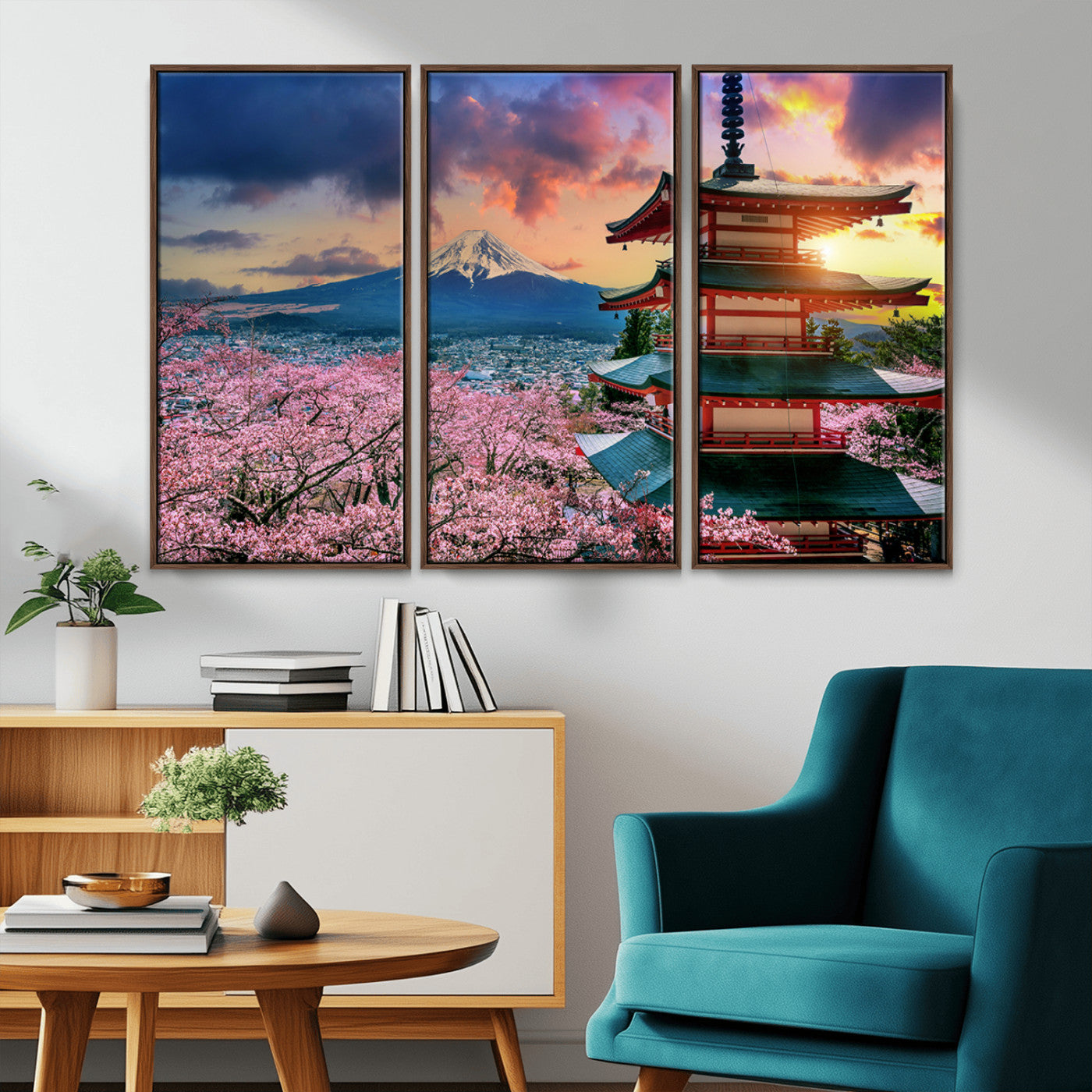 MGV-FC-48X32-3P - Mount Fuji & Cherry Blossom Wall Art Canvas Print – Iconic Japanese Landscape, Sakura Pagoda Sunset,