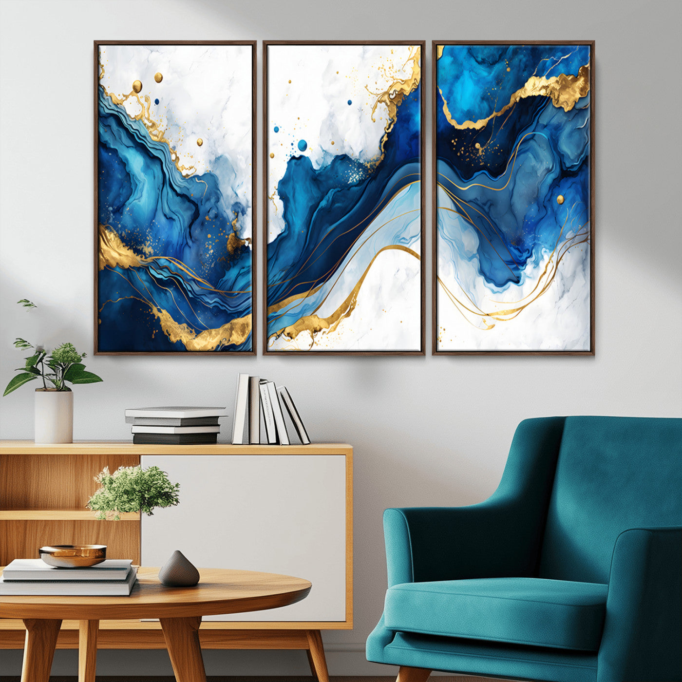 Elegant abstract canvas in cobalt blue and gold tones, featuring marble waves and fluid motion, ideal for luxe interior styling.