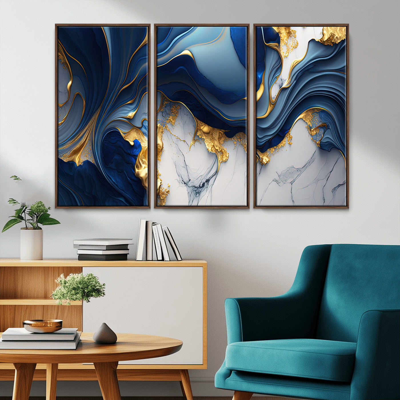 Canvas art with swirling blue marble and gold textures, ideal for elegant glam or modern luxury interior design settings.