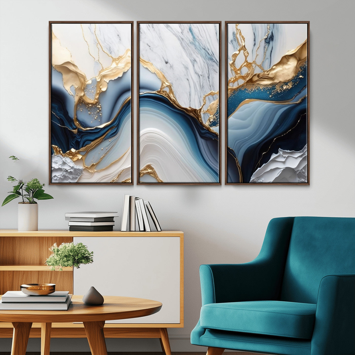 Abstract canvas with blue marble textures and flowing gold veins, ideal for modern luxury or coastal-inspired interior decor.