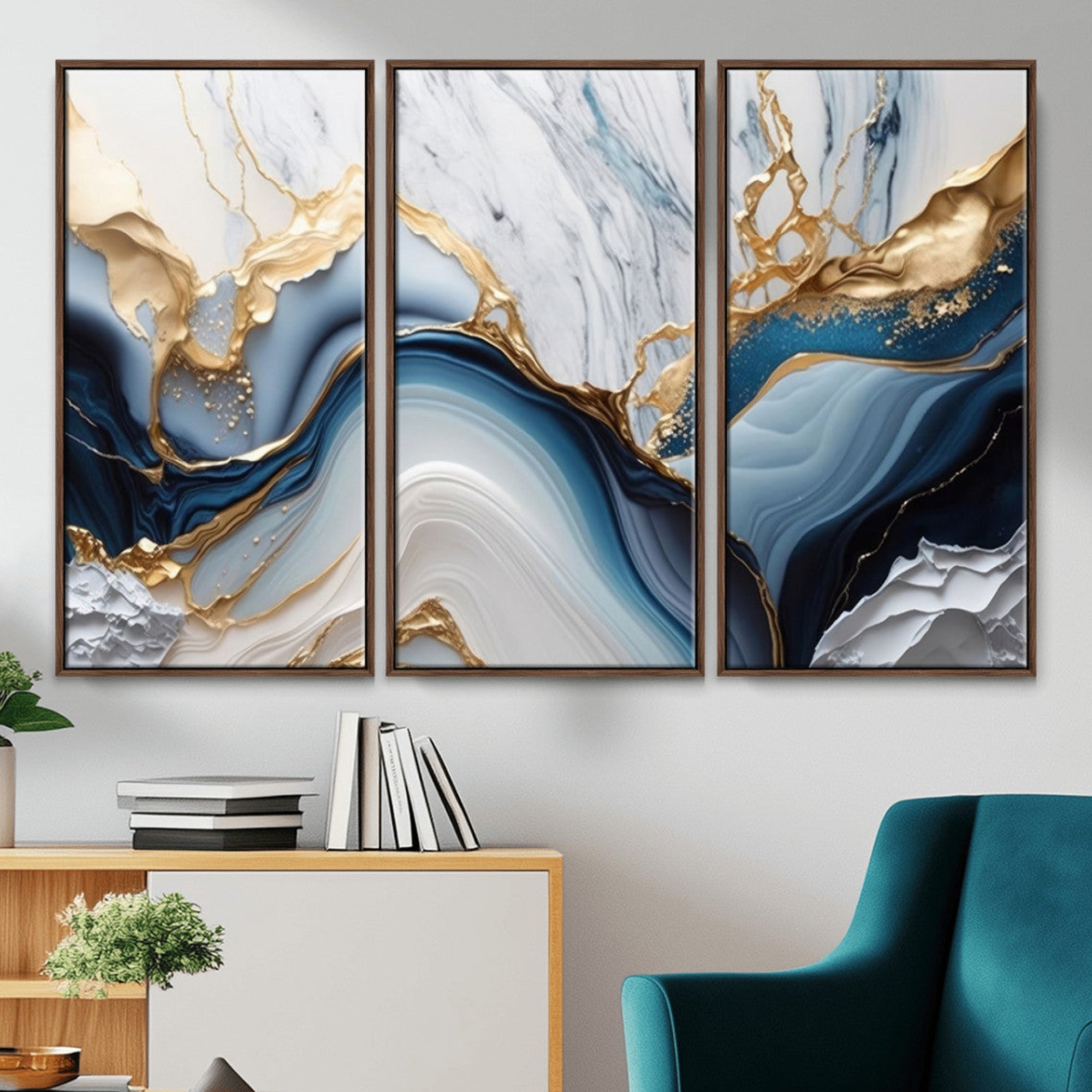 14275383-MGV-CV-48X32-3P-Blue Marble Wall Art Canvas Print – Framed Elegant Swirls Abstract Flow Modern Artwork for Home, Office